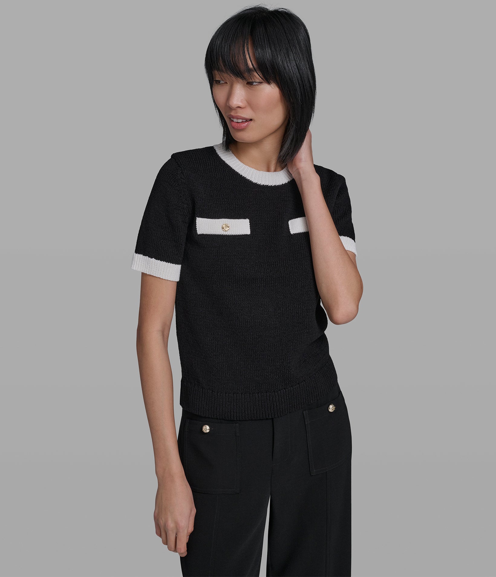 SHORT SLEEVE SWEATER WITH CONTRAST TRIM View 1 | Women's Clothing