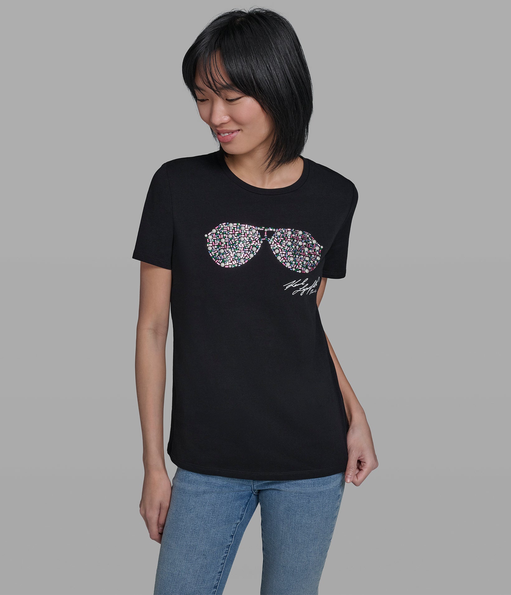 Cotton Jersey Sunglasses Tee | Tees & Tanks | Karl Lagerfeld Paris