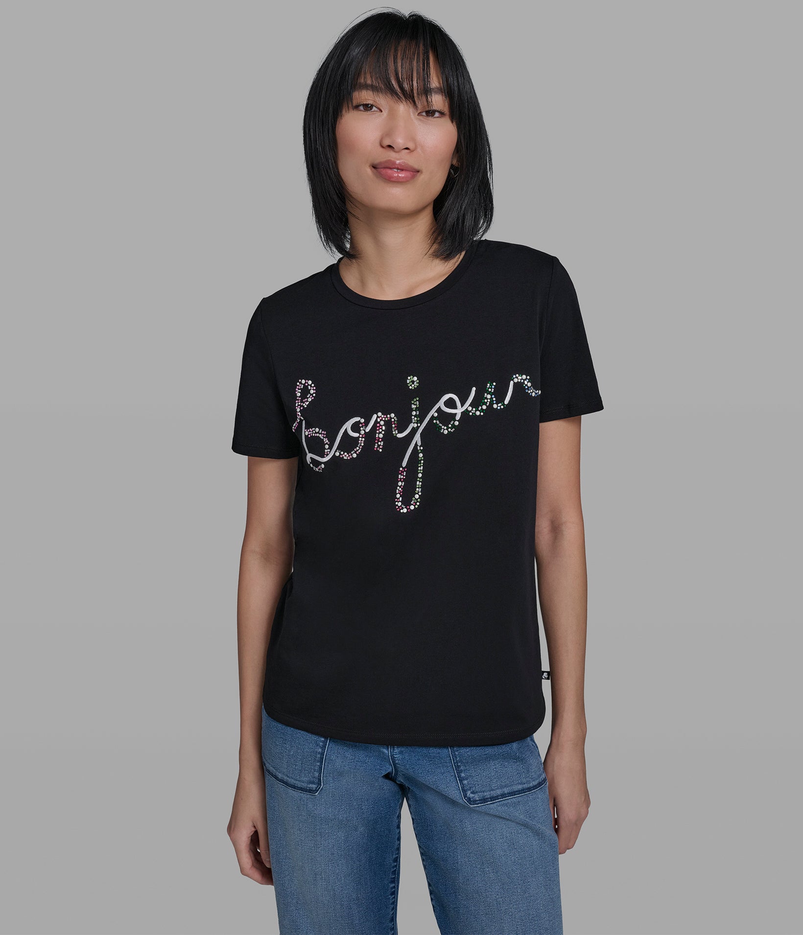 EMBELLISHED BONJOUR GRAPHIC TEE View 1 | Women's Tees & Tanks