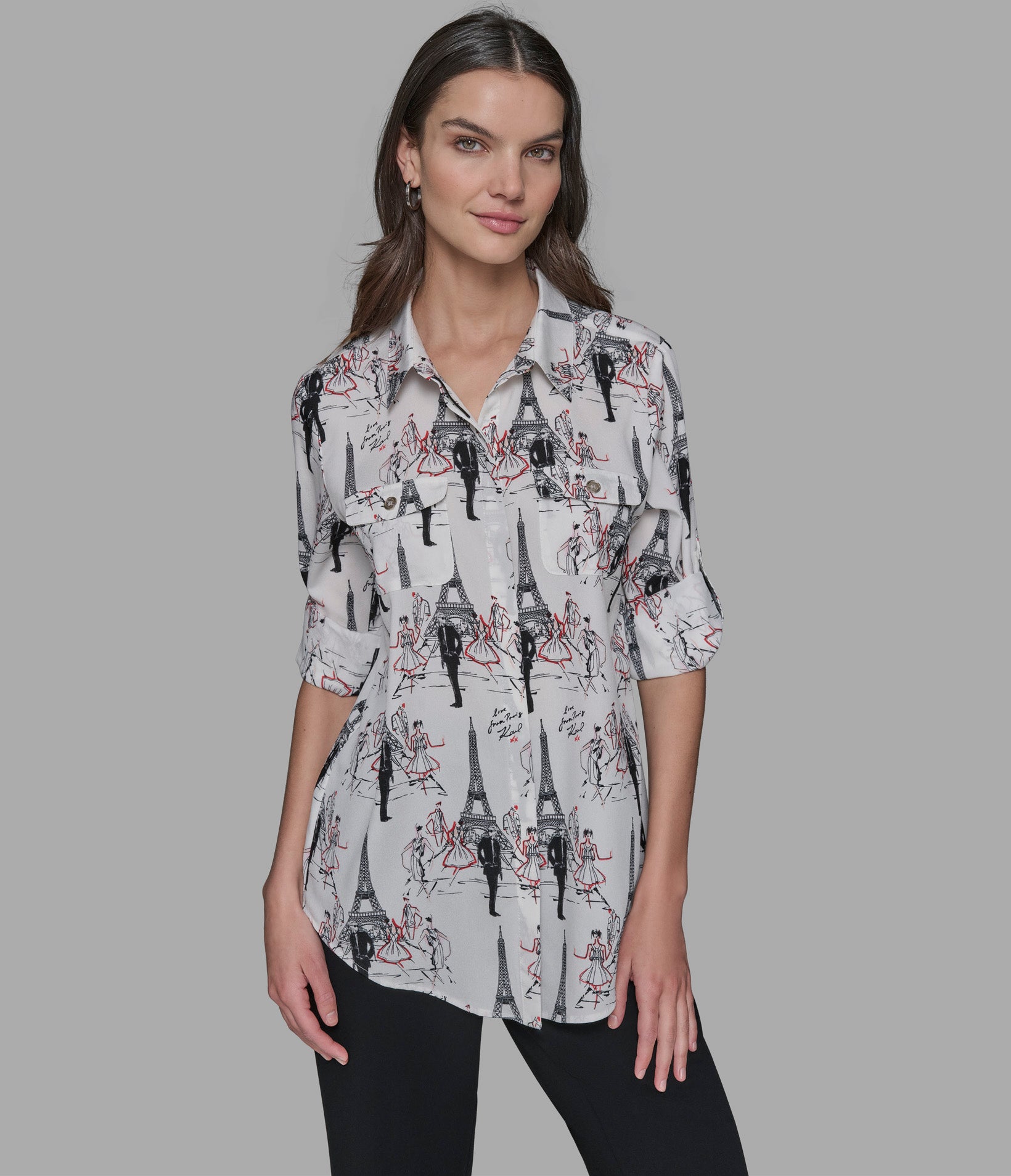 Long Sleeve Button Front Blouse Sweaters Tops Karl Lagerfeld