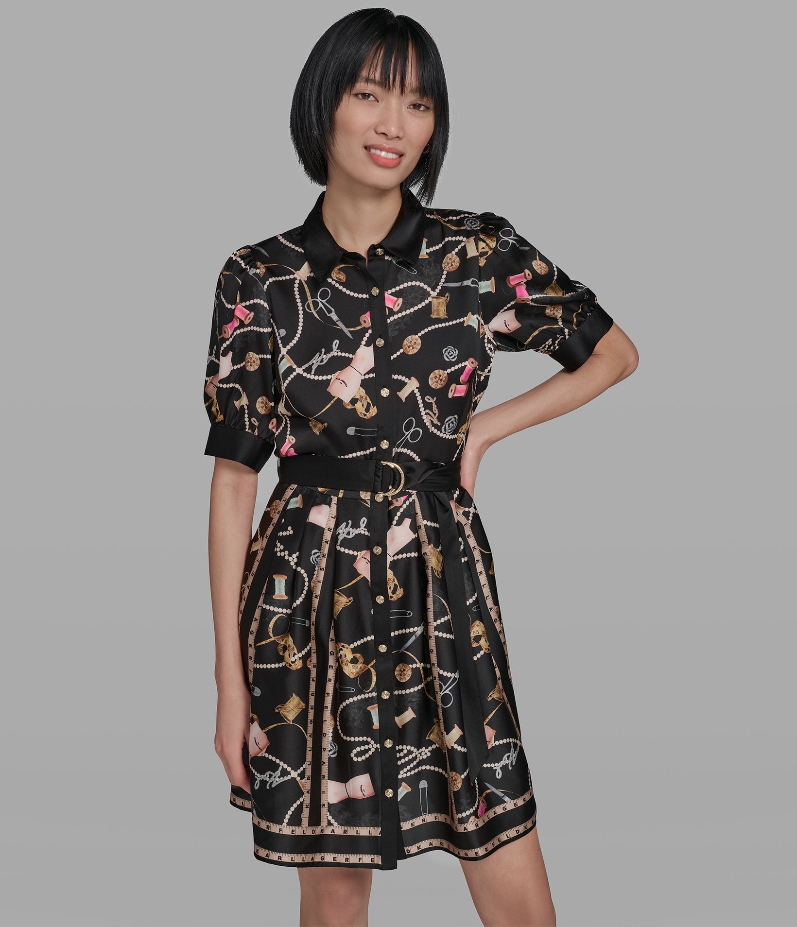 STRETCH-COTTON PRINTED PLEATED SHIRT DRESS
