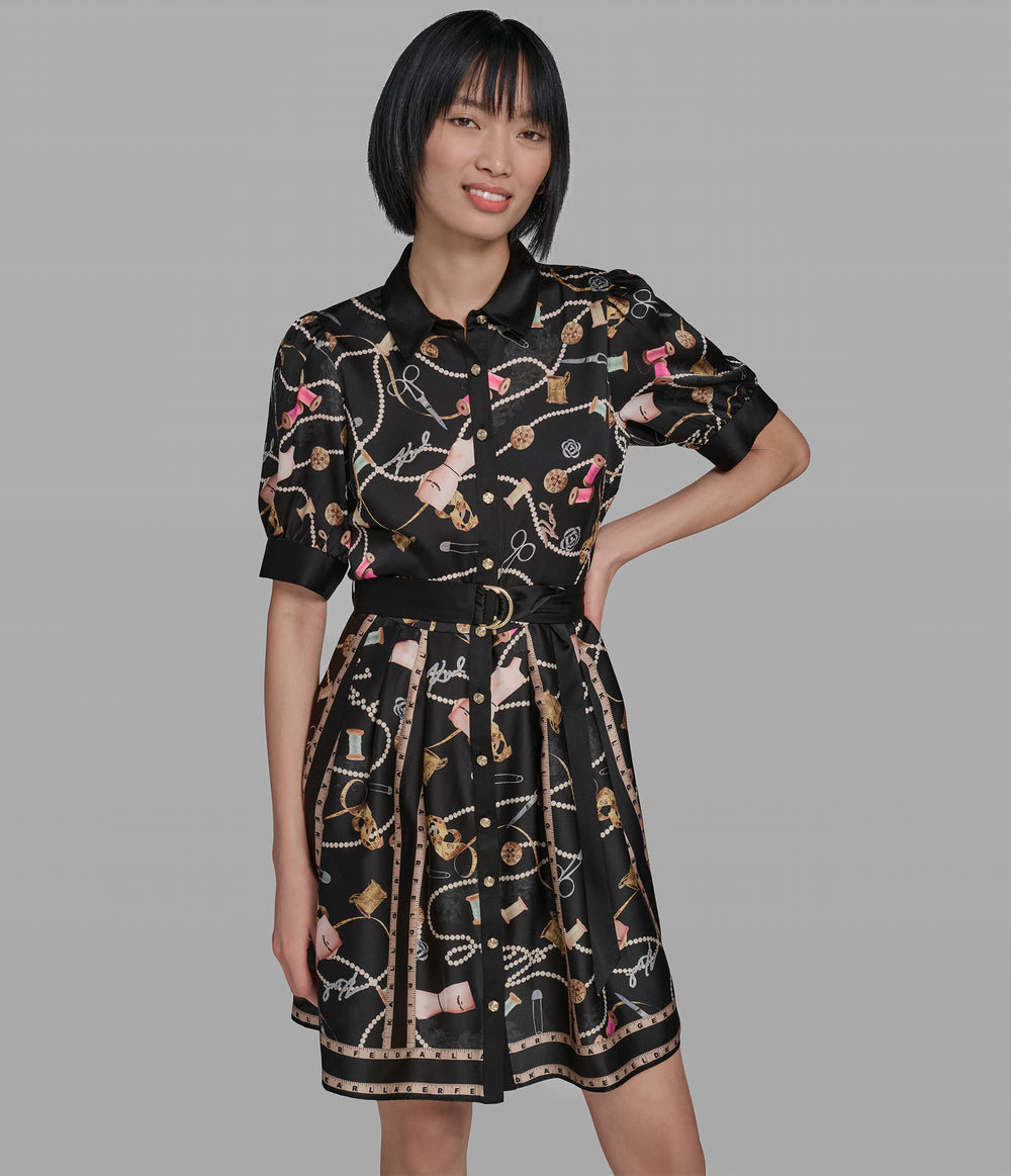 Stretch Cotton Printed Pleated Shirt Dress