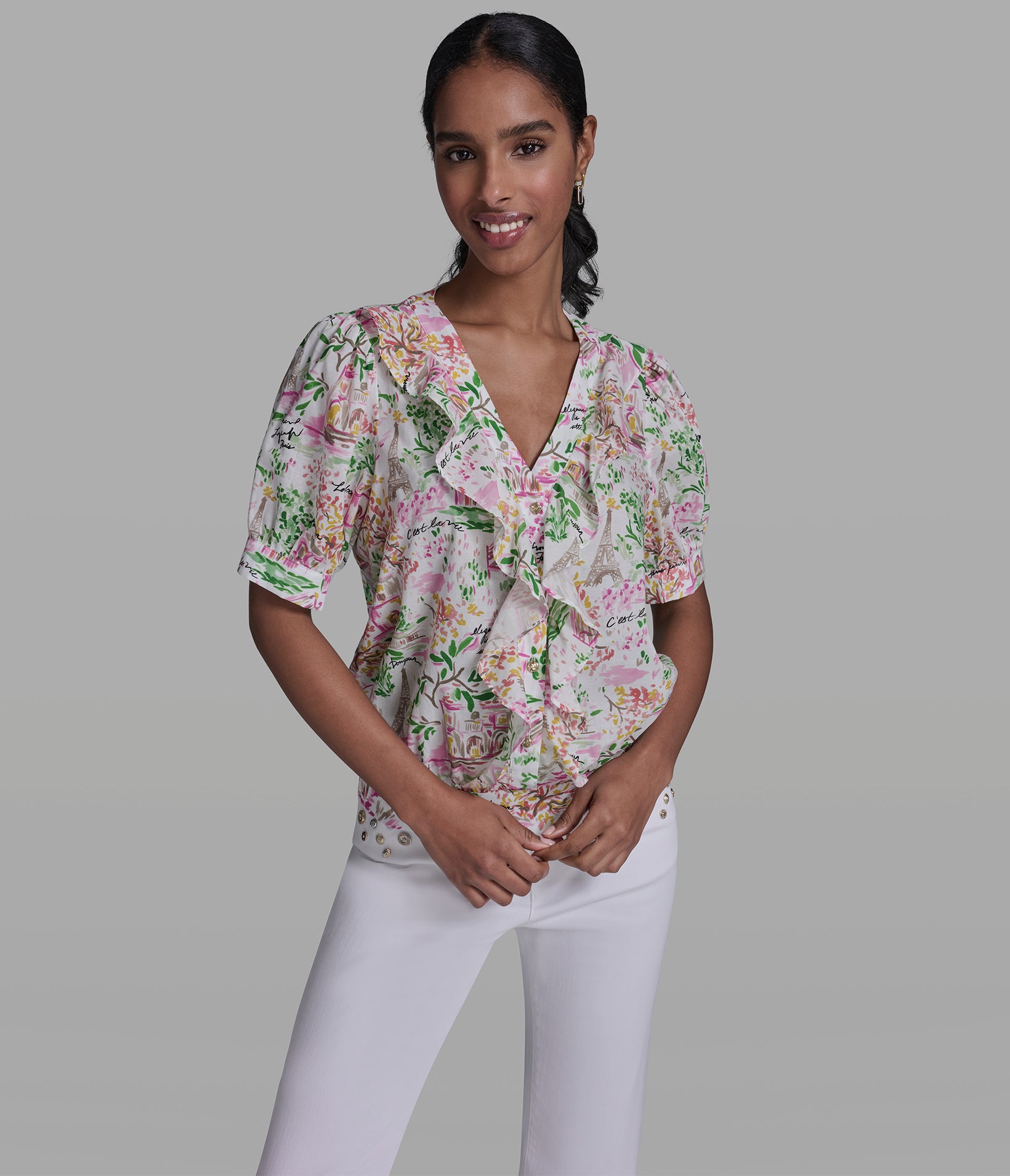 FLORAL PRINT RUFFLE FRONT BLOUSE View 1 | Women's Clothing