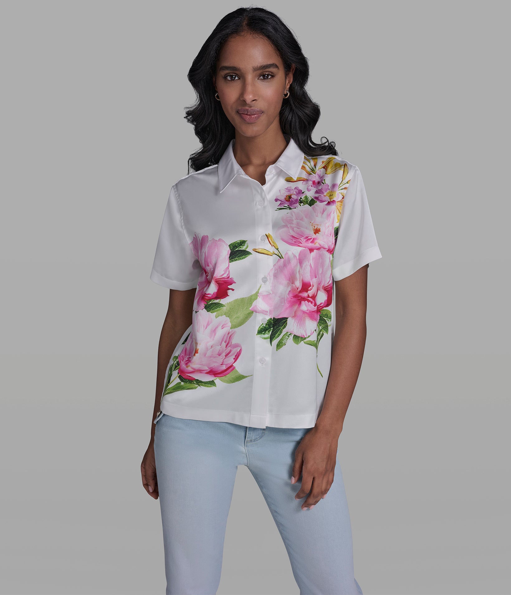 FLORAL PRINT BUTTON FRONT SHIRT View 1 | Women's Clothing