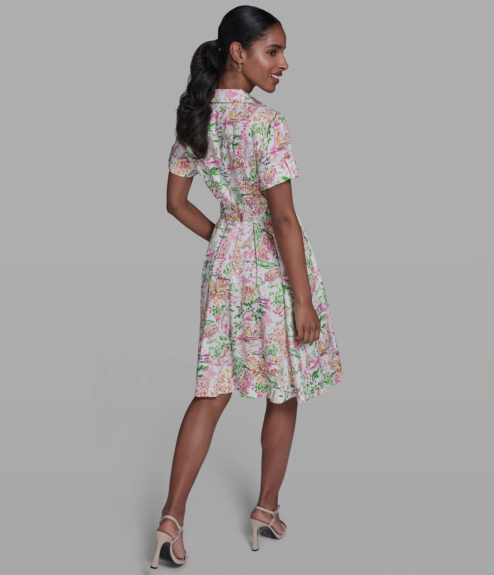 Stretch Cotton Printed Pleated Midi Shirt Dress | Dresses