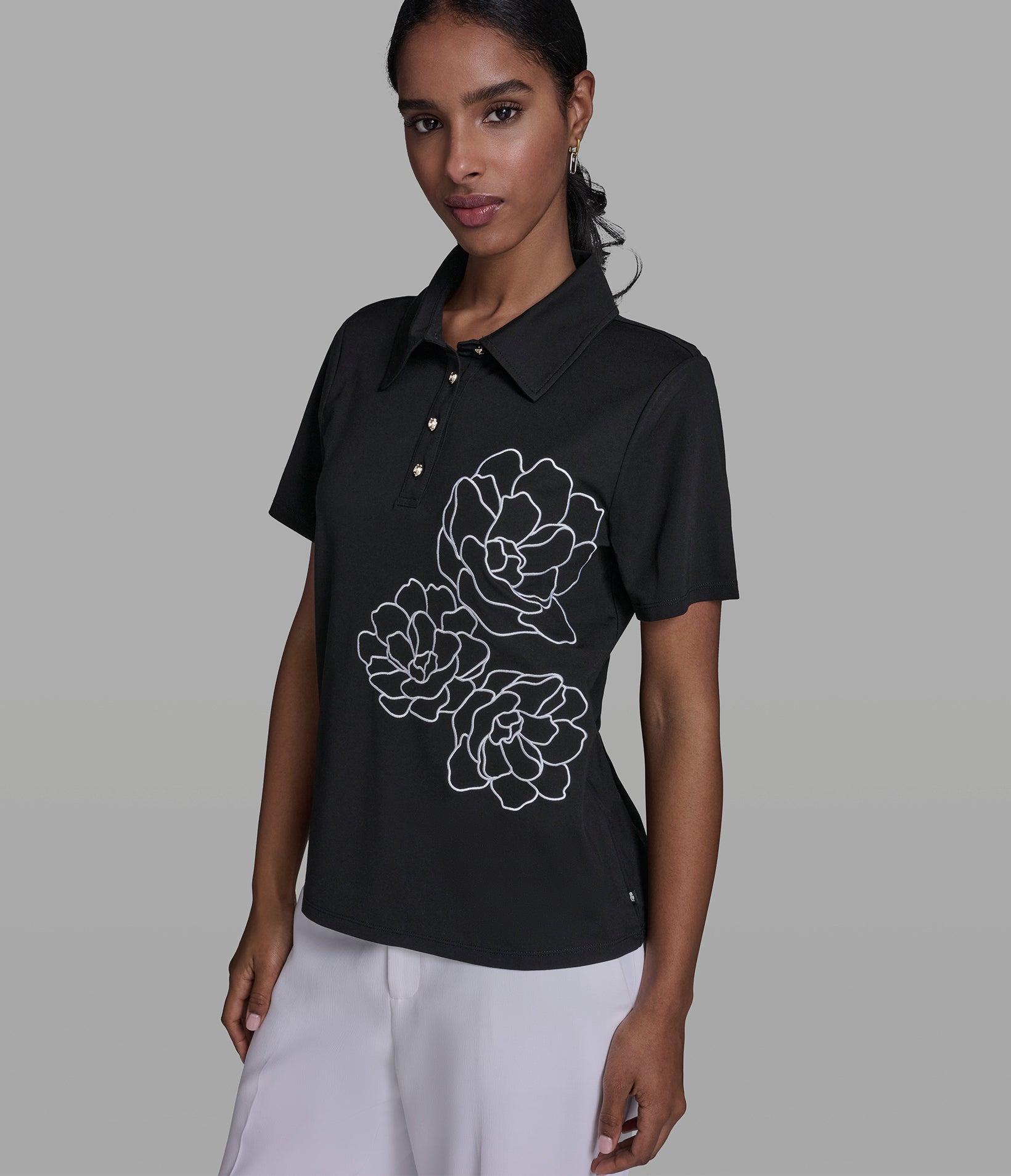 SHORT SLEEVE FLORAL KNIT POLO View 1 | Women's Tops & Sweaters