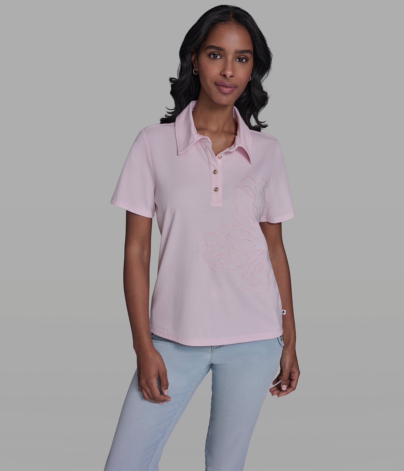 Short Sleeve Floral Knit Polo | Sweaters & Tops | Karl Lagerfeld Paris