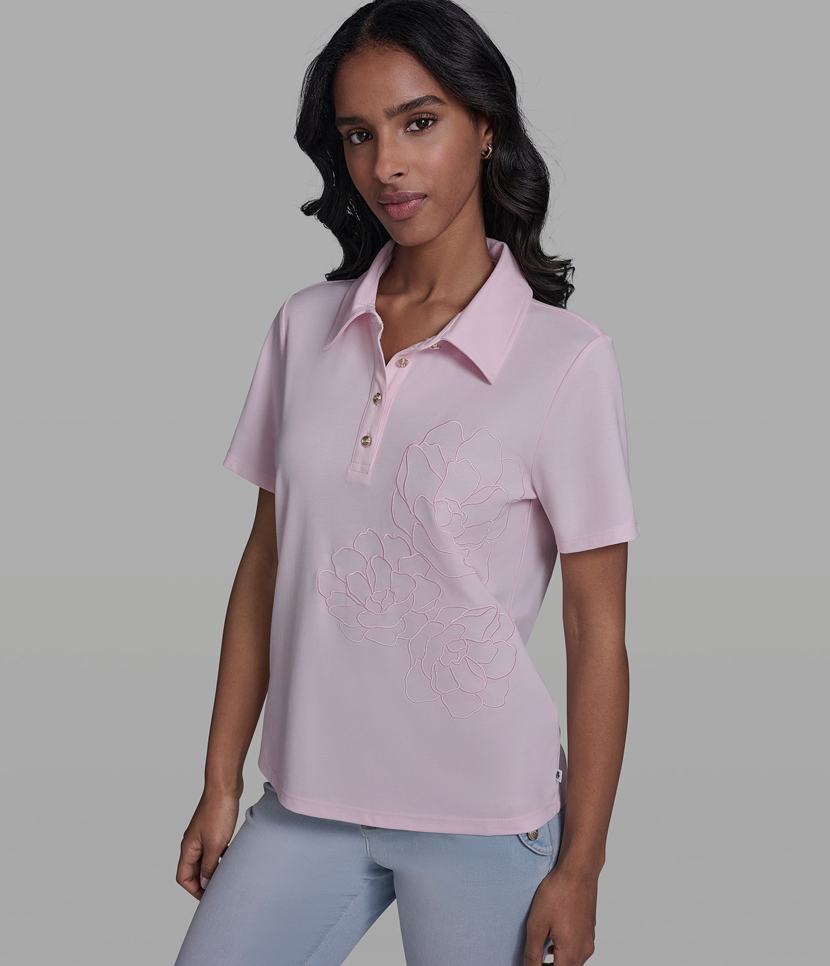 SHORT SLEEVE FLORAL KNIT POLO View 1 | Women's Tops & Sweaters