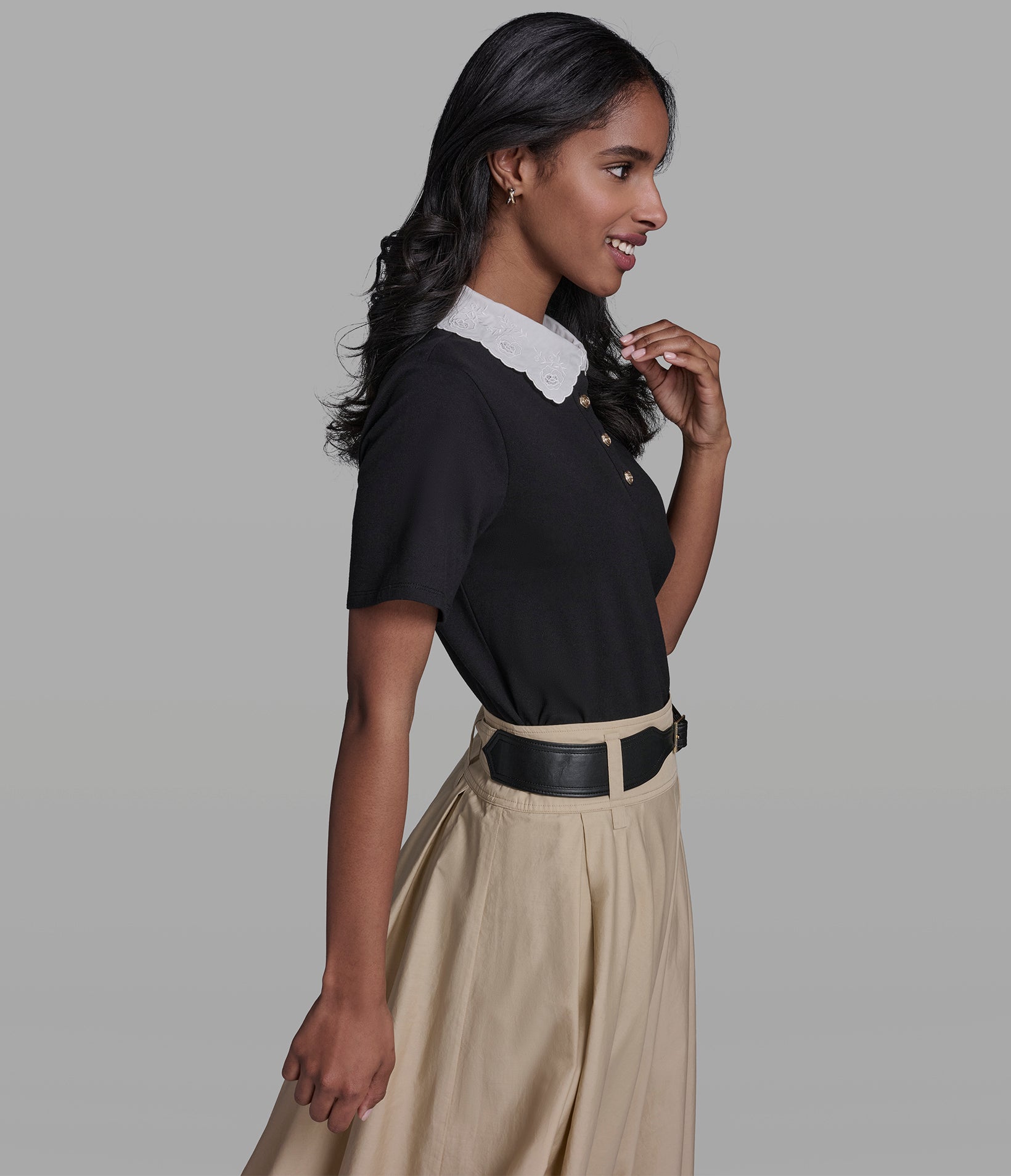 JERSEY FLORAL COLLAR POLO TOP VIEW 3 | Women's Tops & Sweaters