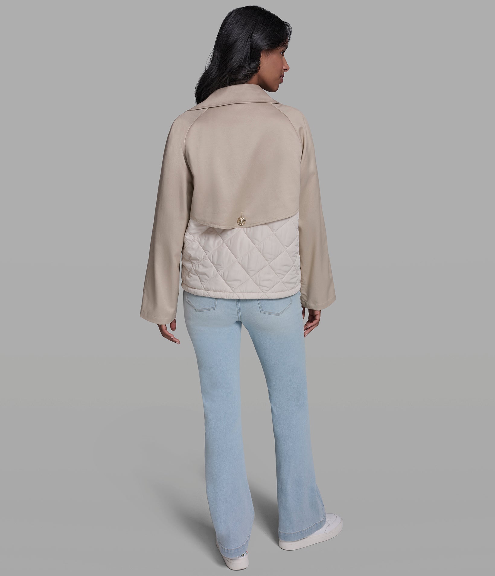 Cropped Cotton And Tencel Blend Mixed Media Trench Jacket