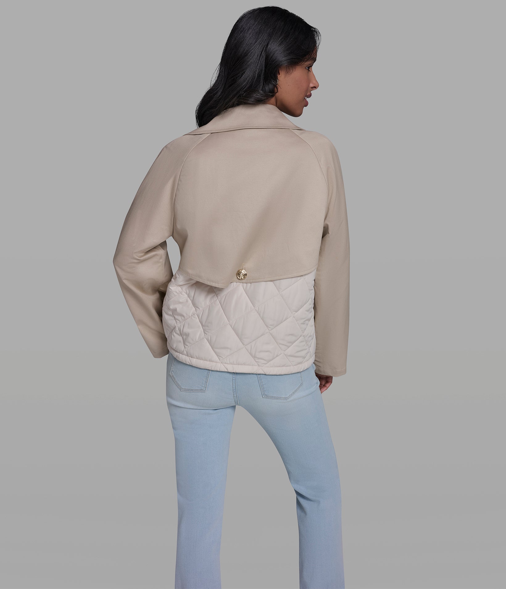 Cropped Cotton And Tencel Blend Mixed Media Trench Jacket