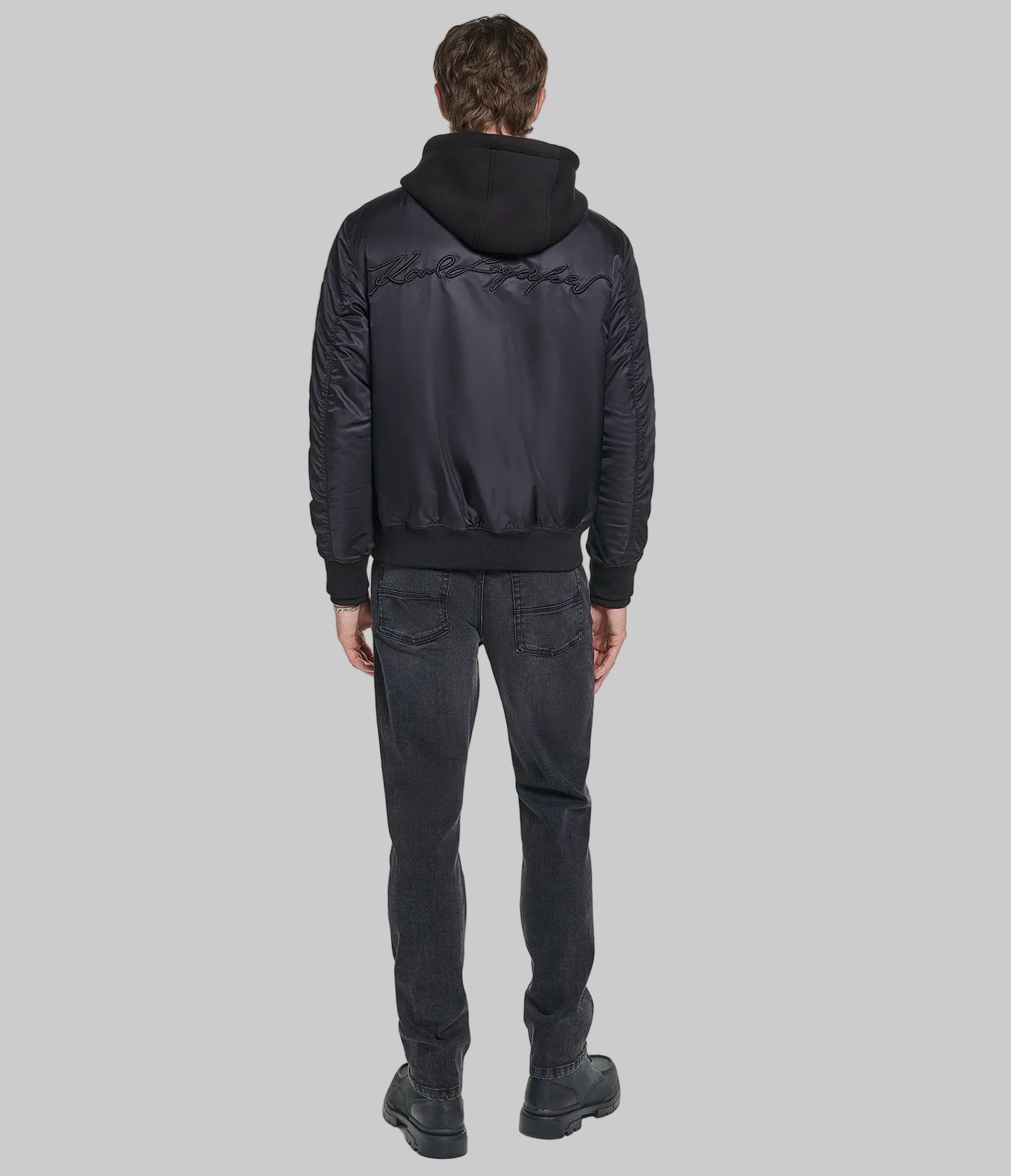 NYLON BOMBER WITH SIGNATURE ON BACK WITH HOOD VIEW 5