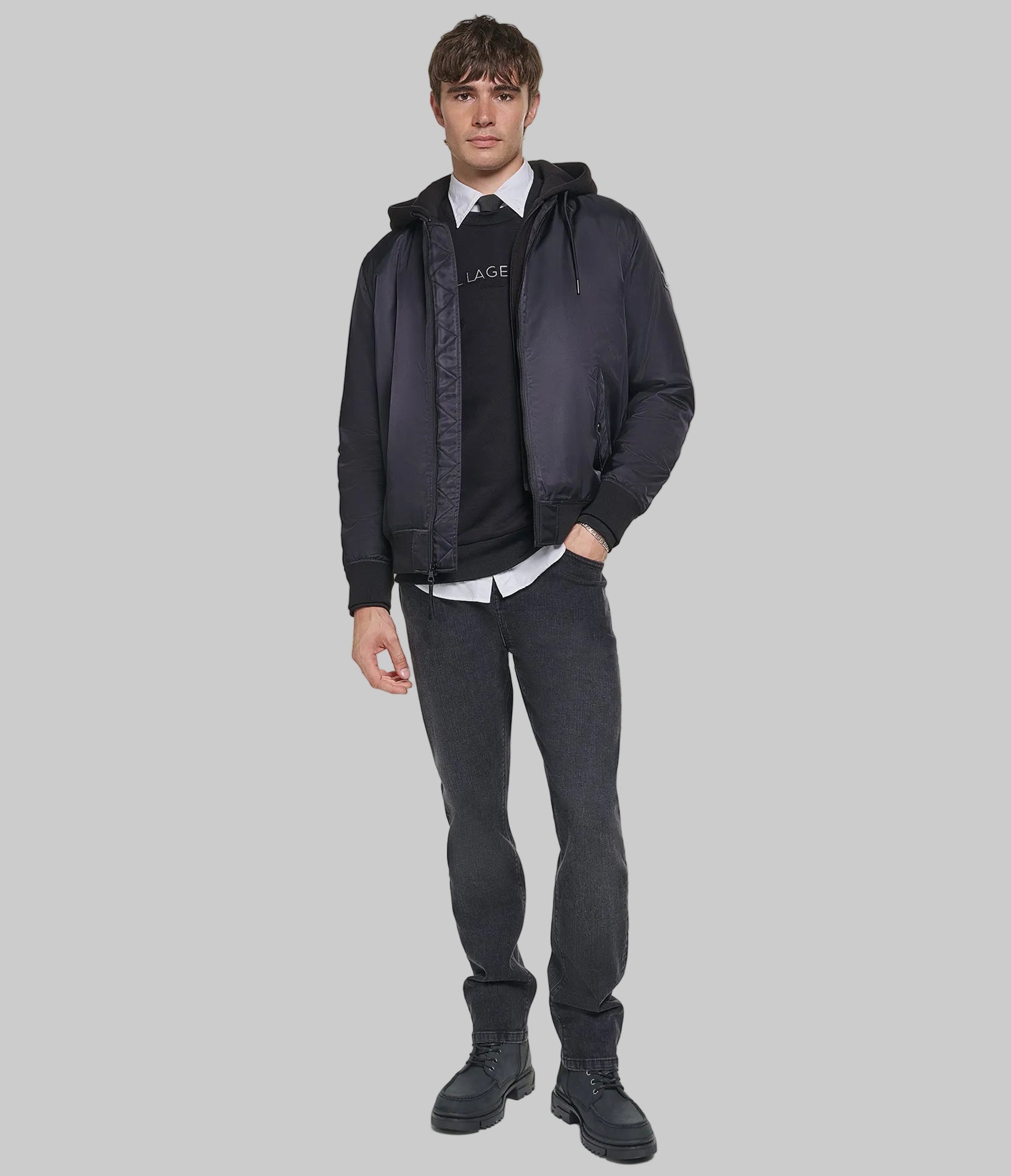 NYLON BOMBER WITH SIGNATURE ON BACK WITH HOOD VIEW 4