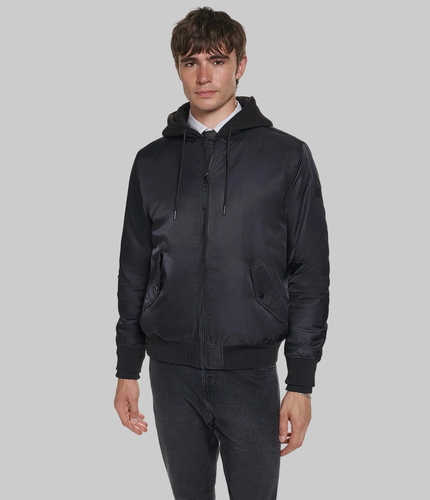 NYLON BOMBER WITH SIGNATURE ON BACK WITH HOOD VIEW 1