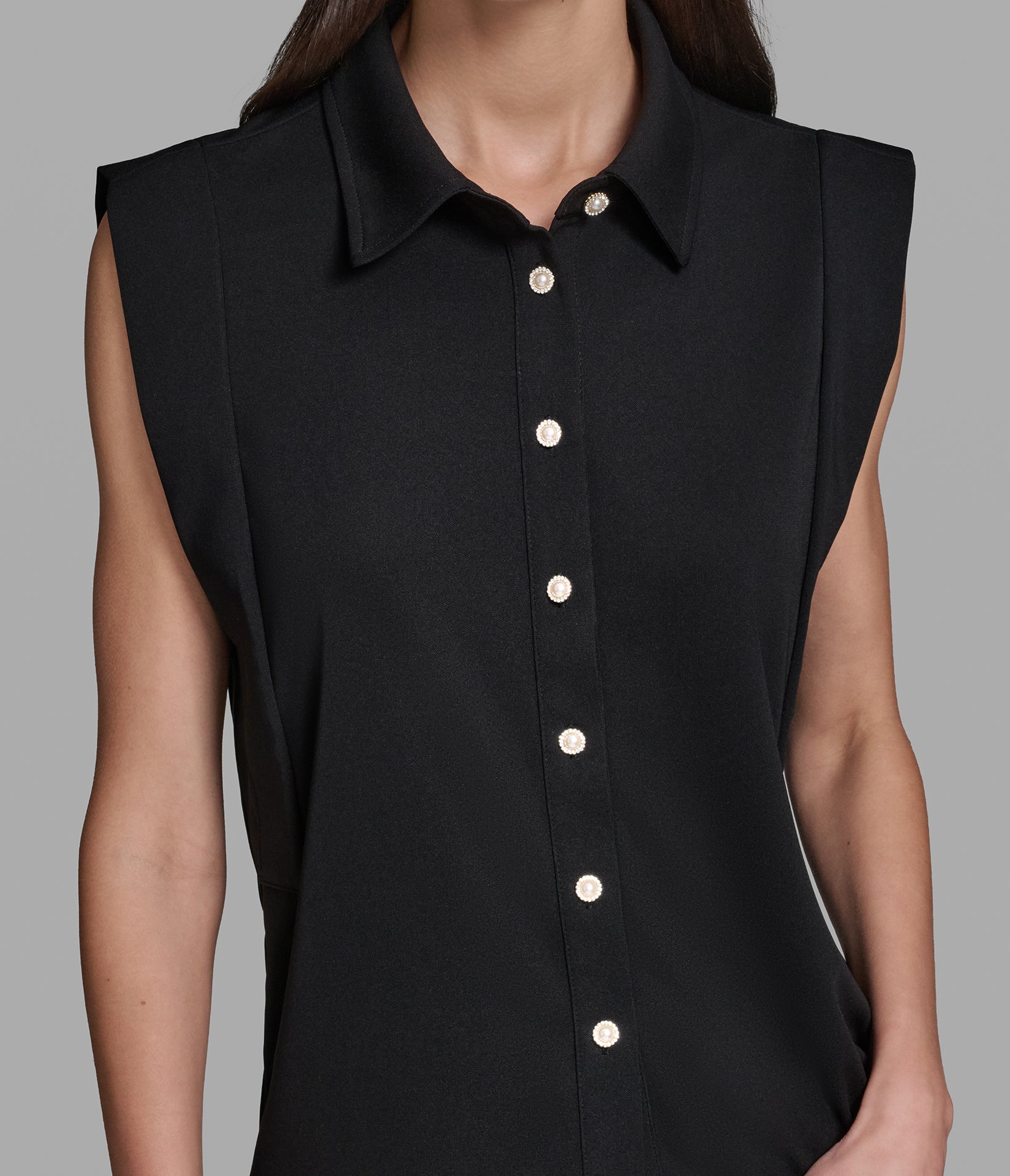 SLEEVELESS COLLARED SHIRT WITH PEARL BUTTONS VIEW 6 | Holiday Sale