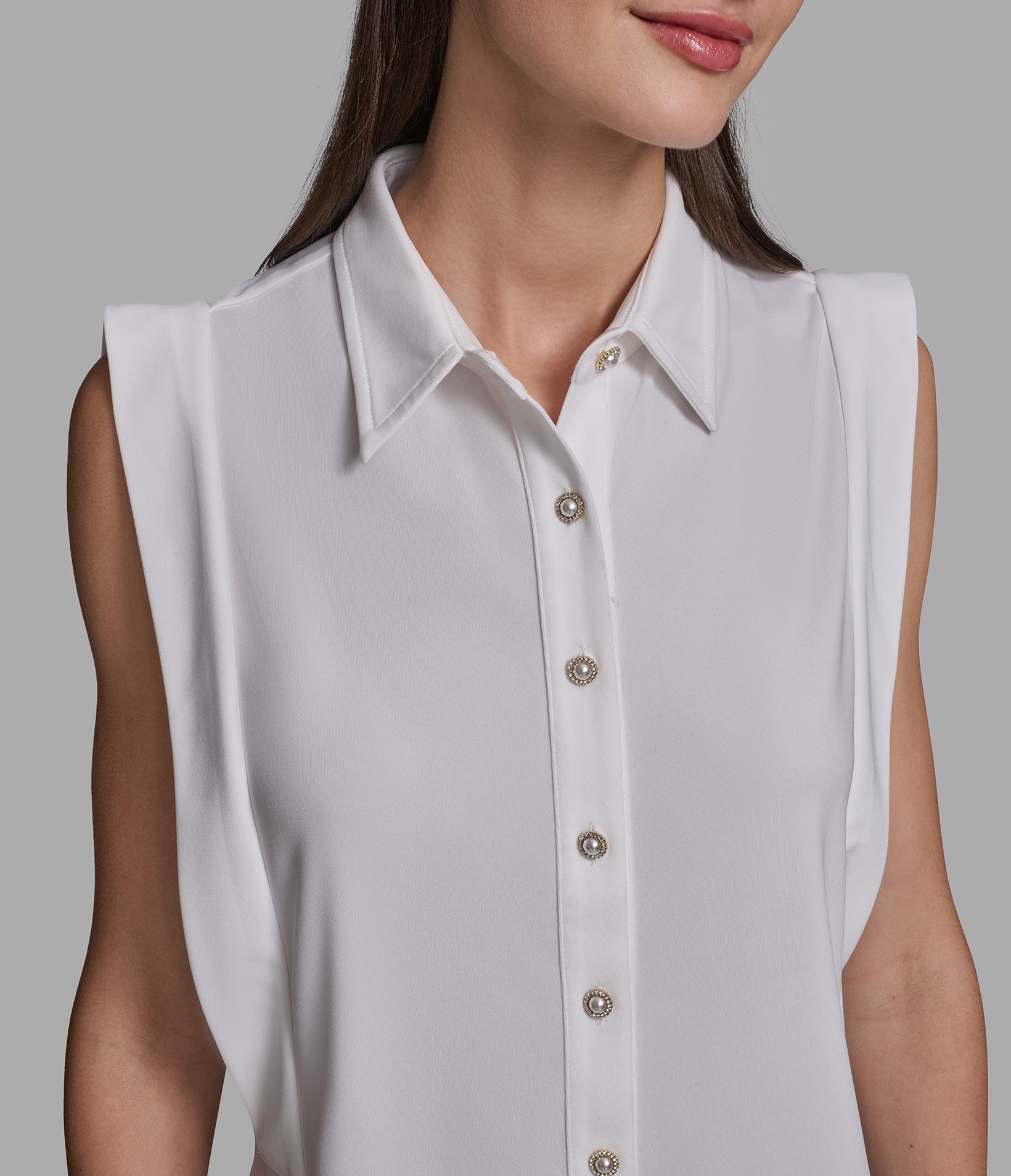 SLEEVELESS COLLARED SHIRT WITH PEARL BUTTONS VIEW 6 | Holiday Sale