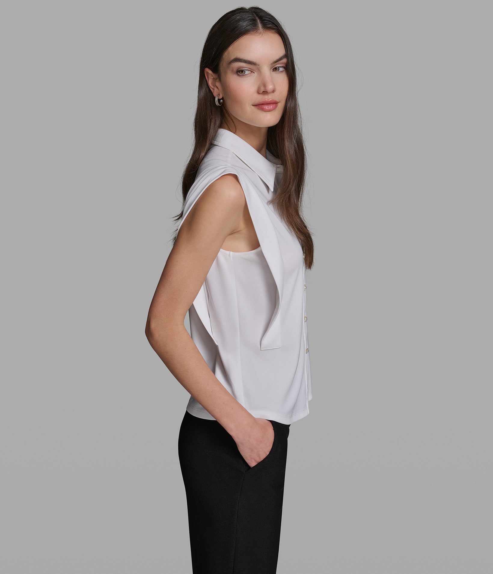 SLEEVELESS COLLARED SHIRT WITH PEARL BUTTONS VIEW 3 | Holiday Sale