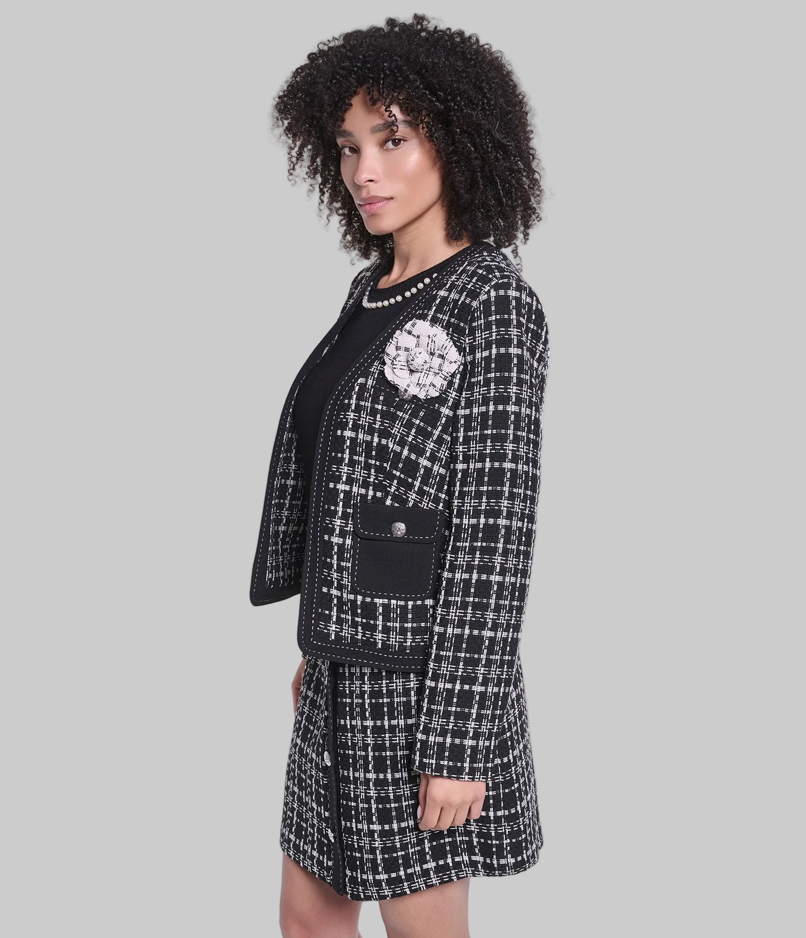 CO-ORD TWEED JACKET FLORAL PIN VIEW 3 | Women's Clothing