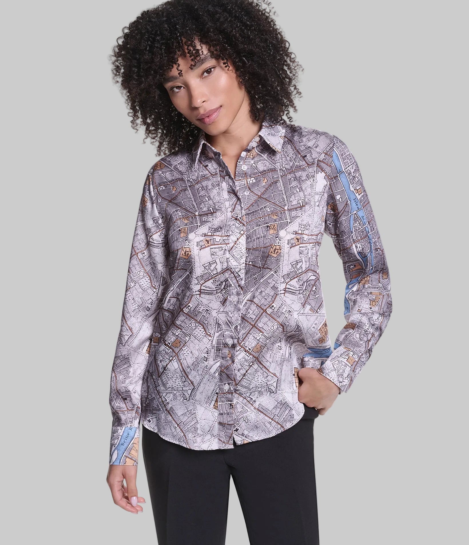 LONG SLEEVE PARIS MAP PRINT SOFT BLOUSE View 1 | Women's Tops & Sweaters