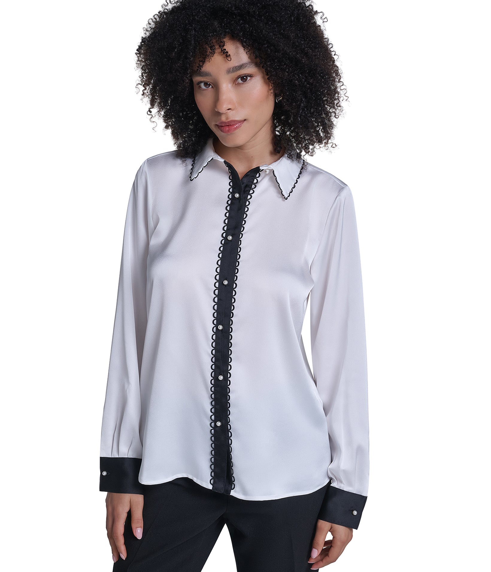 LONG SLEEVE WOVEN TOP WITH EMBOSSED PEARLS VIEW 1