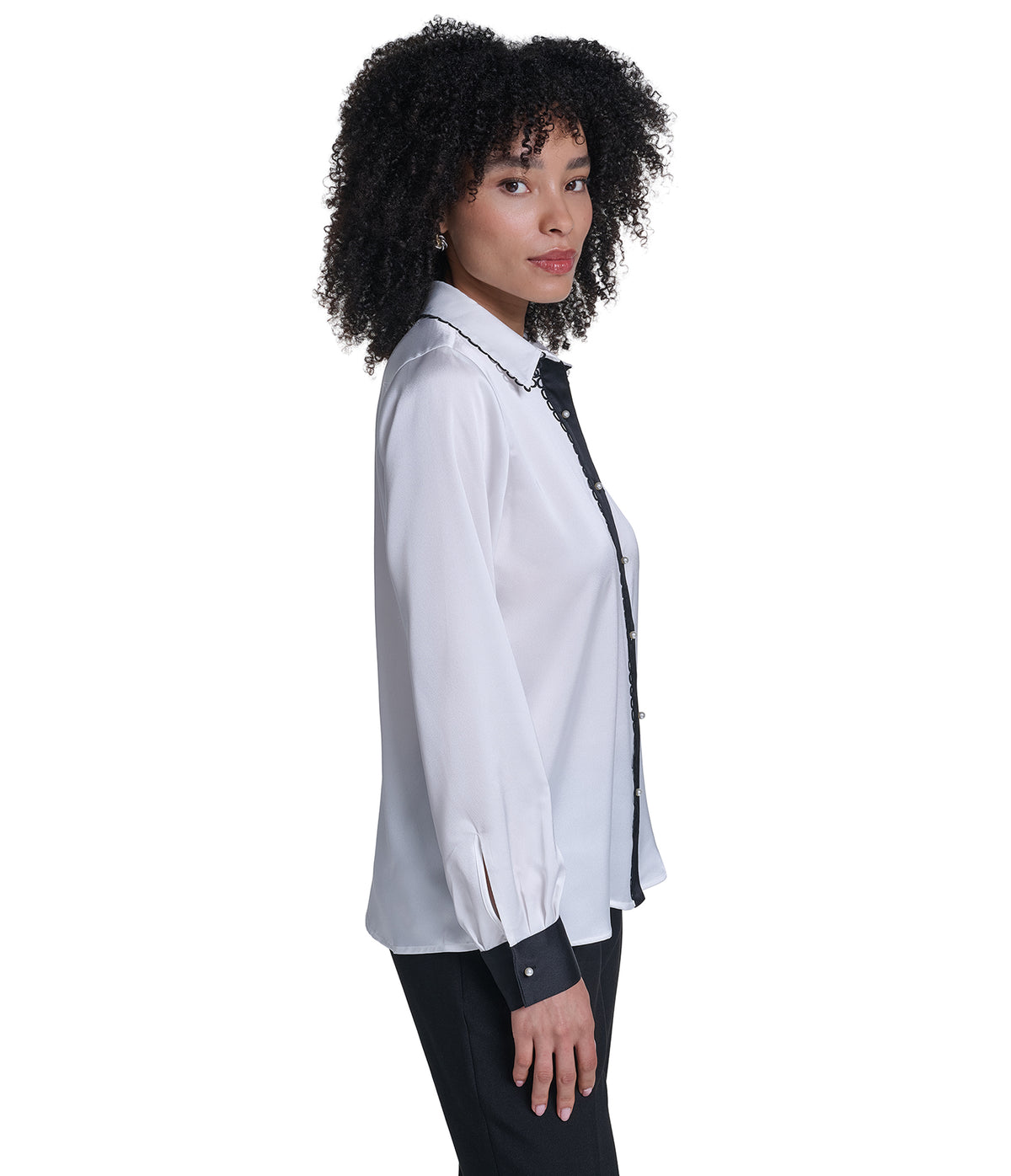 LONG SLEEVE WOVEN TOP WITH EMBOSSED PEARLS VIEW 3