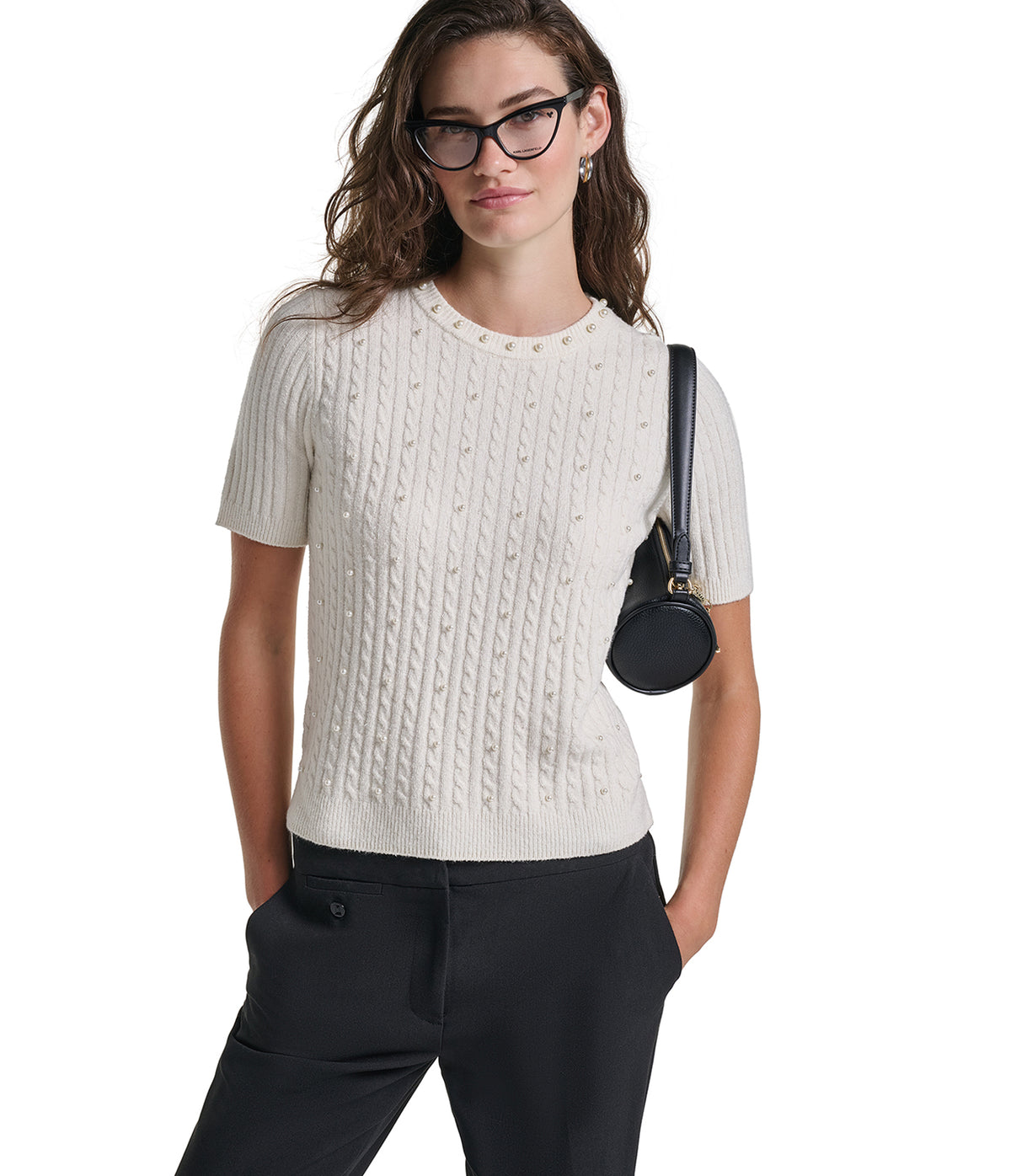 SHORT SLEEVE TOP WITH EMBOSSED PEARLS VIEW 1