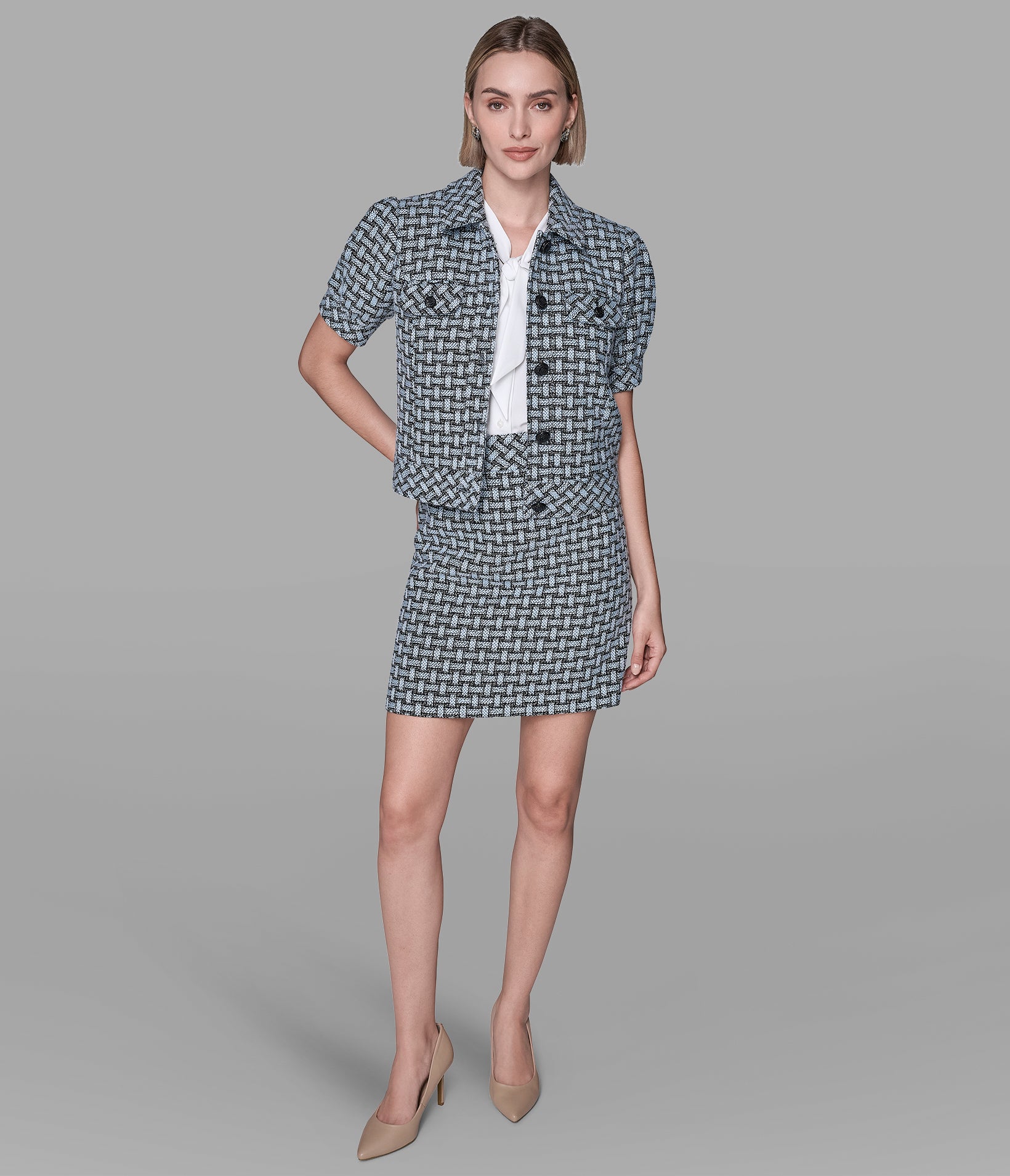 SHORT SLEEVE WEAVE PRINT JACKET VIEW 4 | Women's Matching Sets