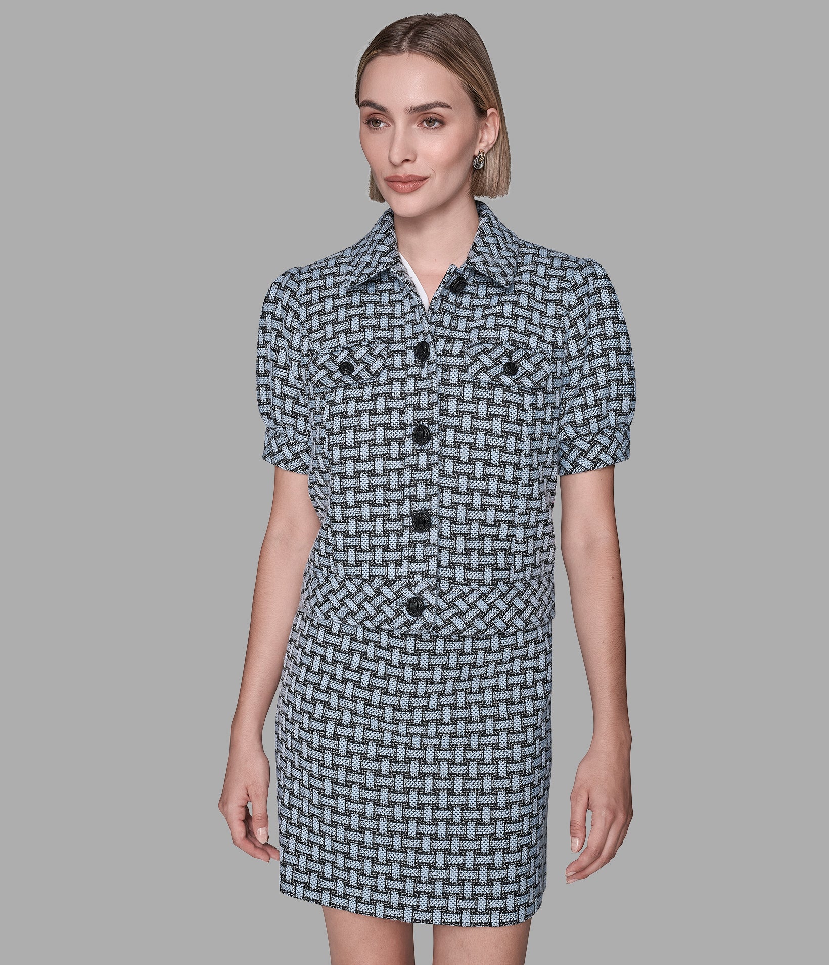 SHORT SLEEVE WEAVE PRINT JACKET View 1 | Women's Matching Sets