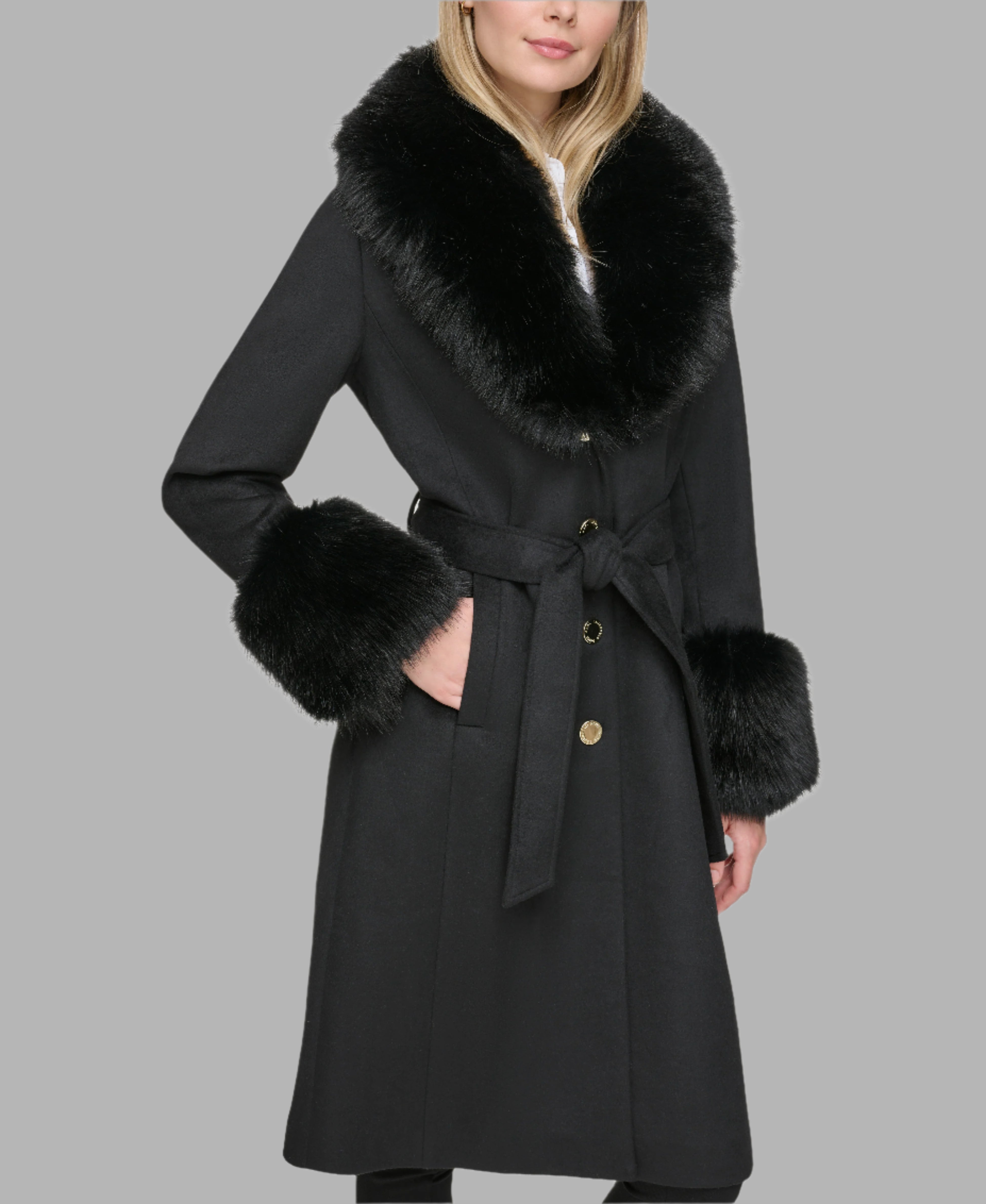 Faux Fur Collar Black Wool Coat With Fur Trim Wool Coat With Faux