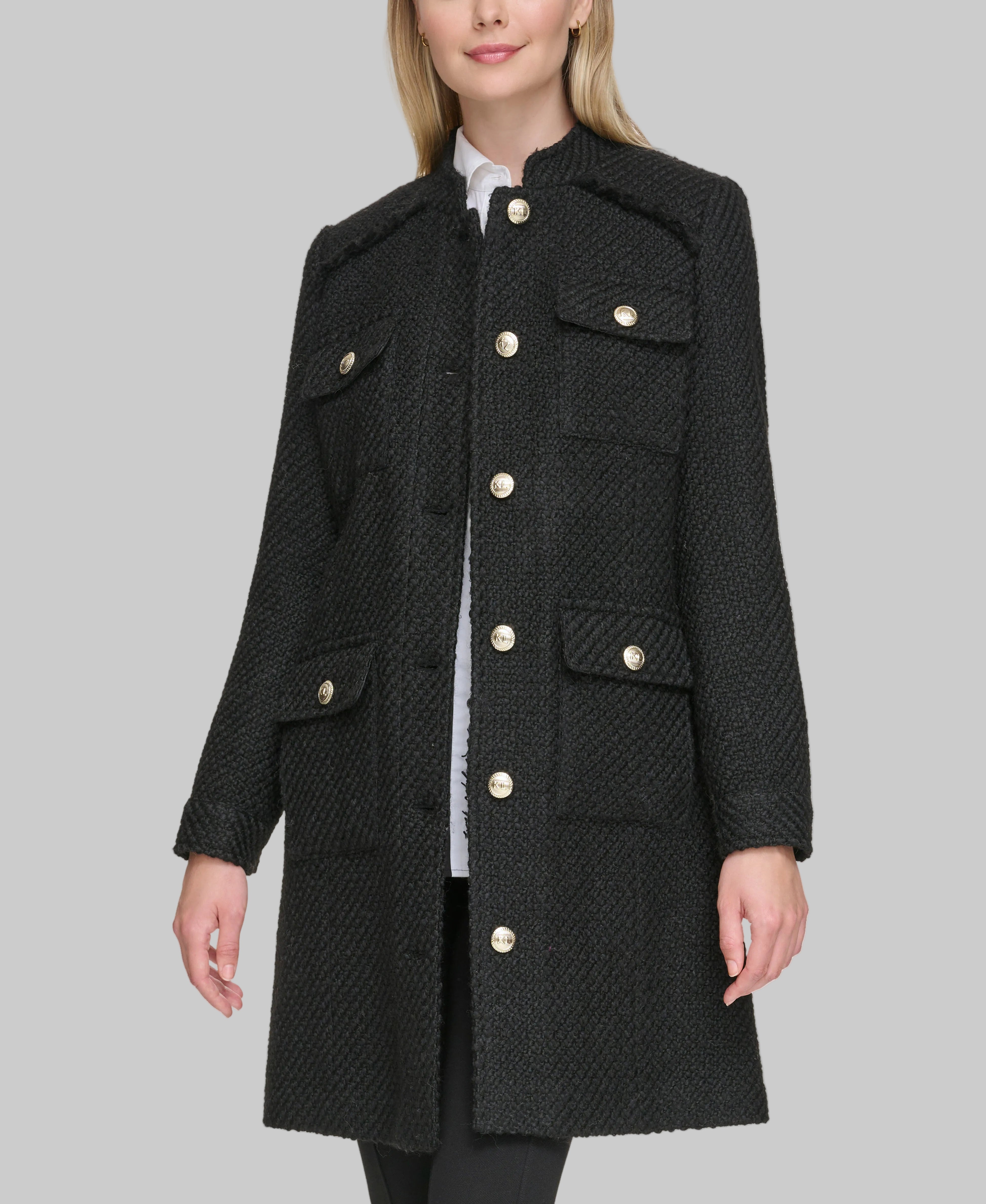 Karl Lagerfeld フーディ フリンジデザインウールコート N1558 Tweed Belted Topper | Jackets & Blazers | Karl Lagerfeld Paris