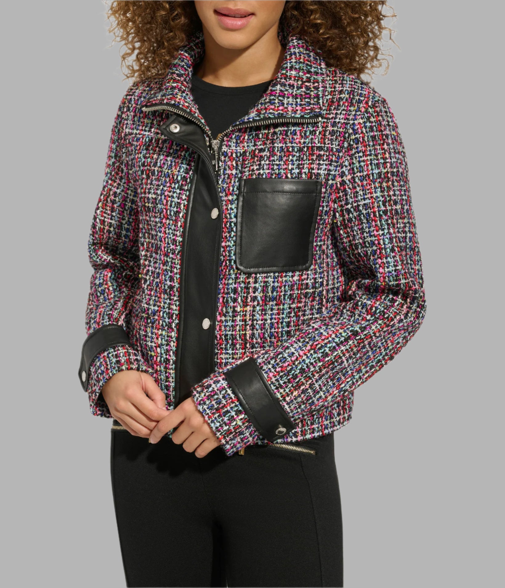 TWEED AND FAUX LEATHER FRONT ZIP JACKET View 1 | Women's Clothing Sale