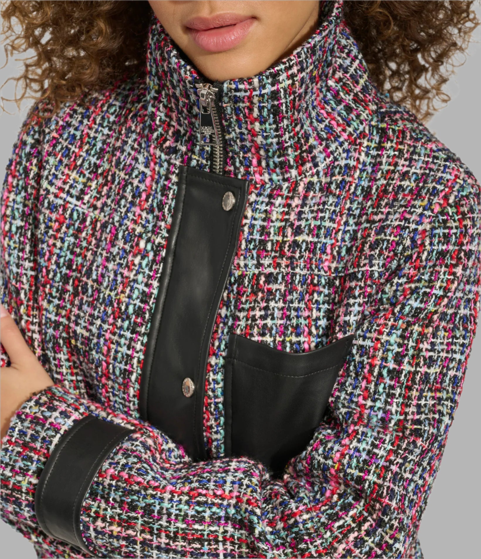 TWEED AND FAUX LEATHER FRONT ZIP JACKET VIEW 6 | Women's Clothing Sale