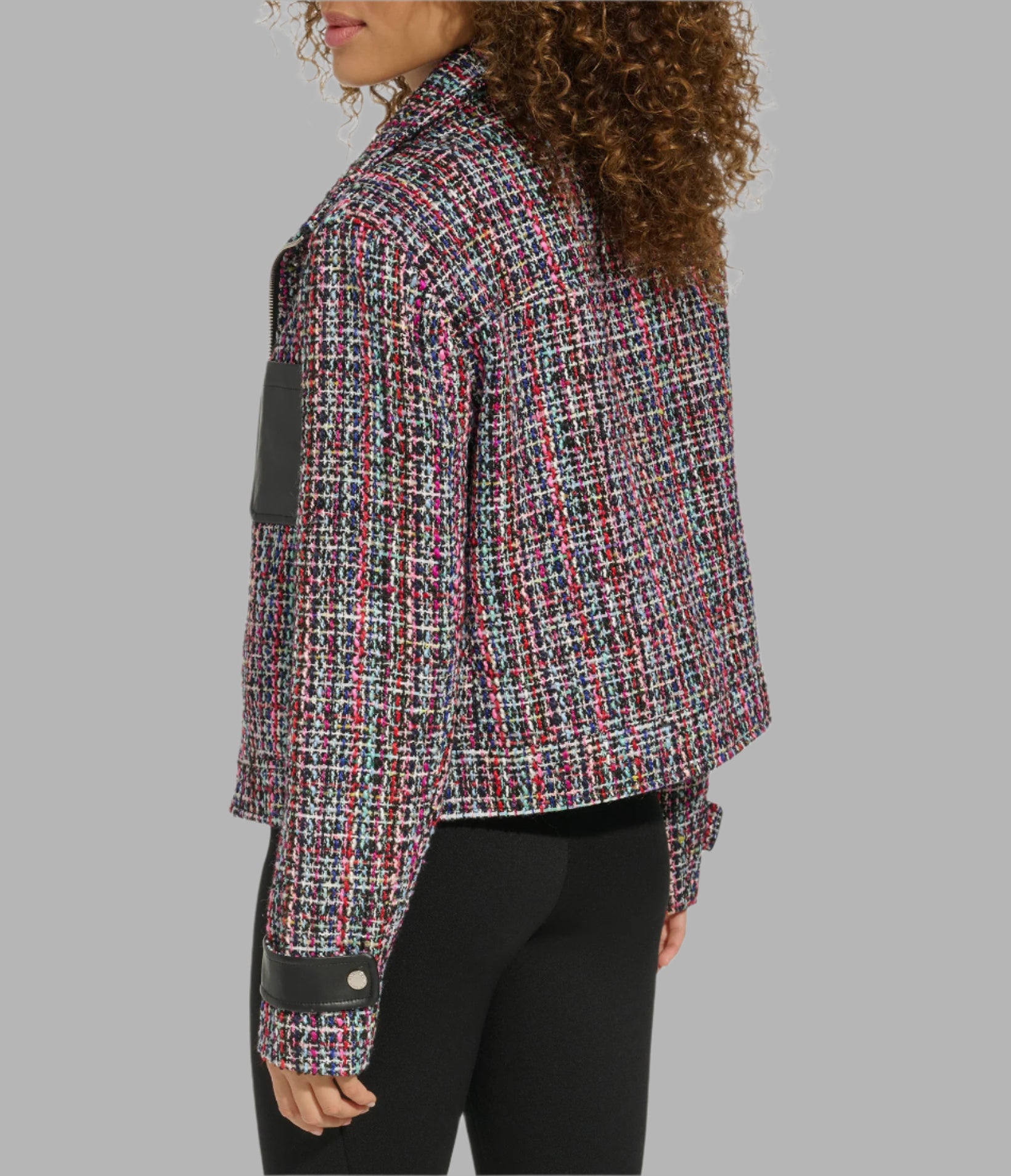TWEED AND FAUX LEATHER FRONT ZIP JACKET View 2 | Women's Clothing Sale