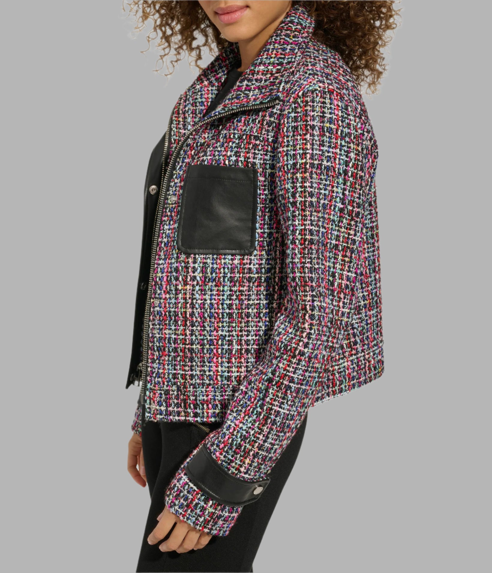TWEED AND FAUX LEATHER FRONT ZIP JACKET VIEW 4 | Women's Clothing Sale