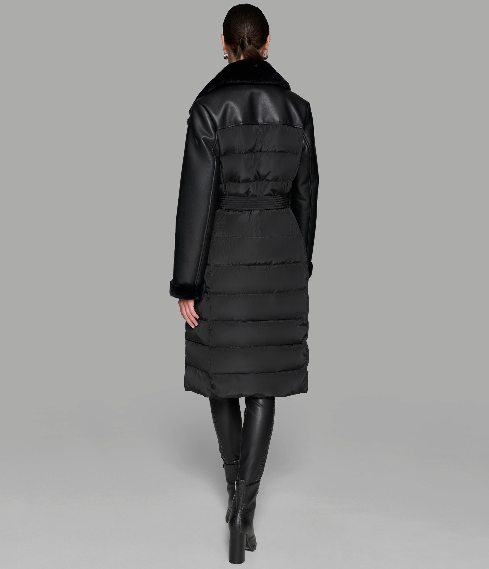 Mixed Media Maxi Belted Puffer With Faux Fur Outerwear Karl