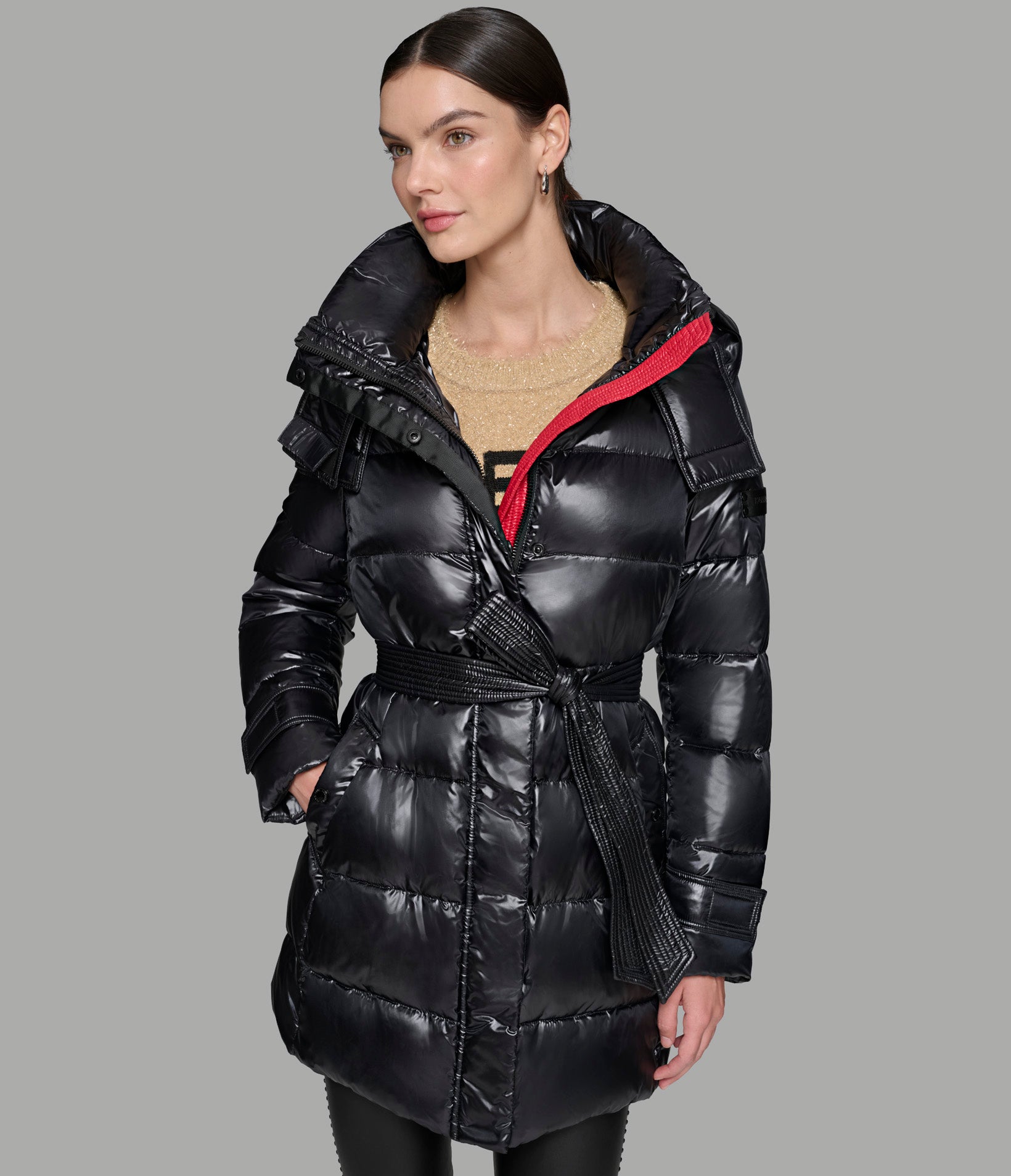 Contrast Belted Short Puffer | Outerwear | Karl Lagerfeld Paris