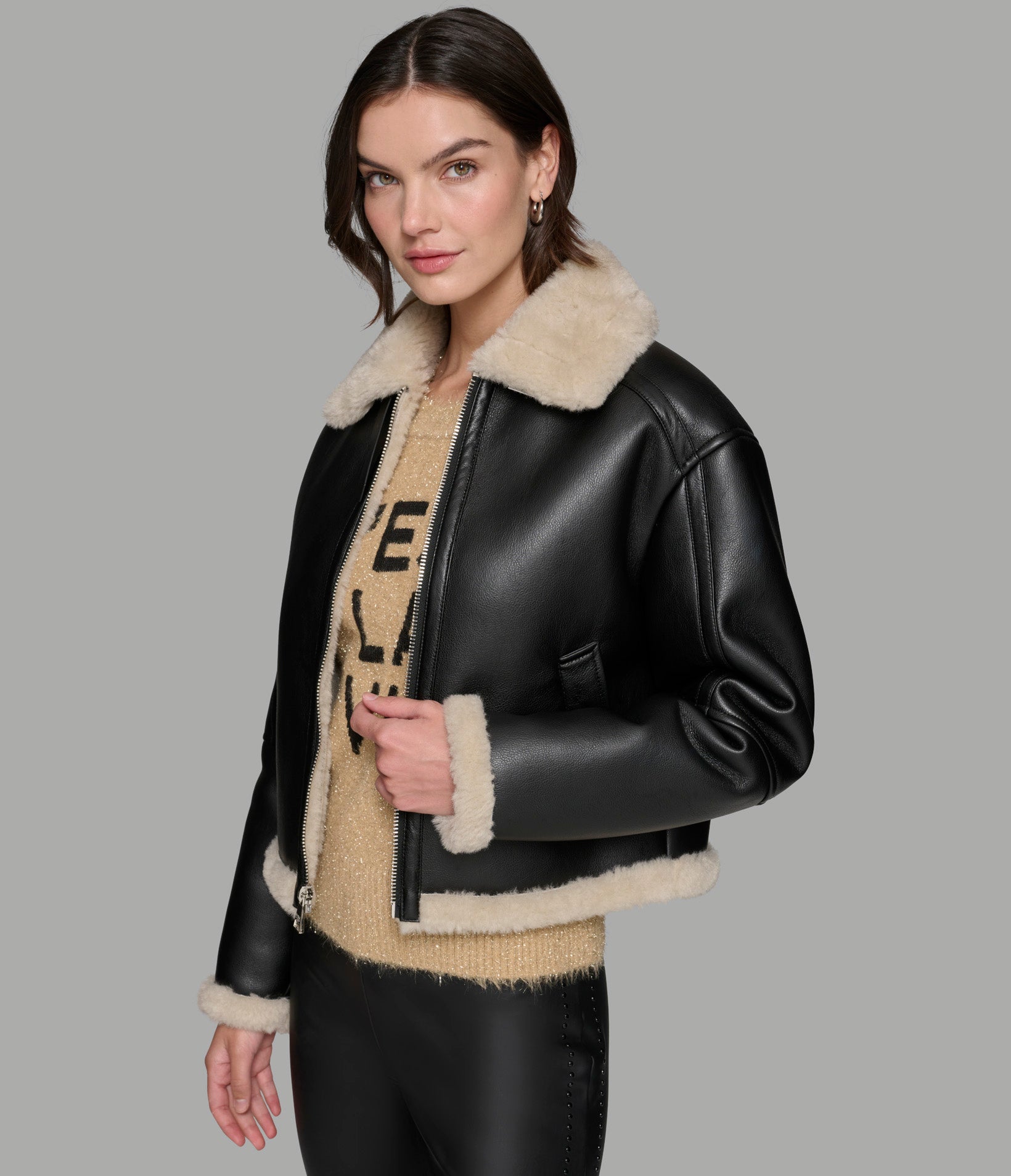 Cropped Faux Leather Jacket With Faux Shearling Outerwear Karl