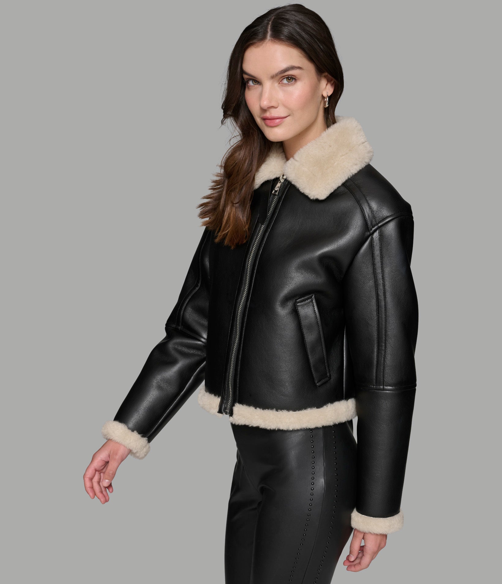 CROPPED FAUX LEATHER JACKET WITH FAUX SHEARLING VIEW 4 | Women's Clothing Sale