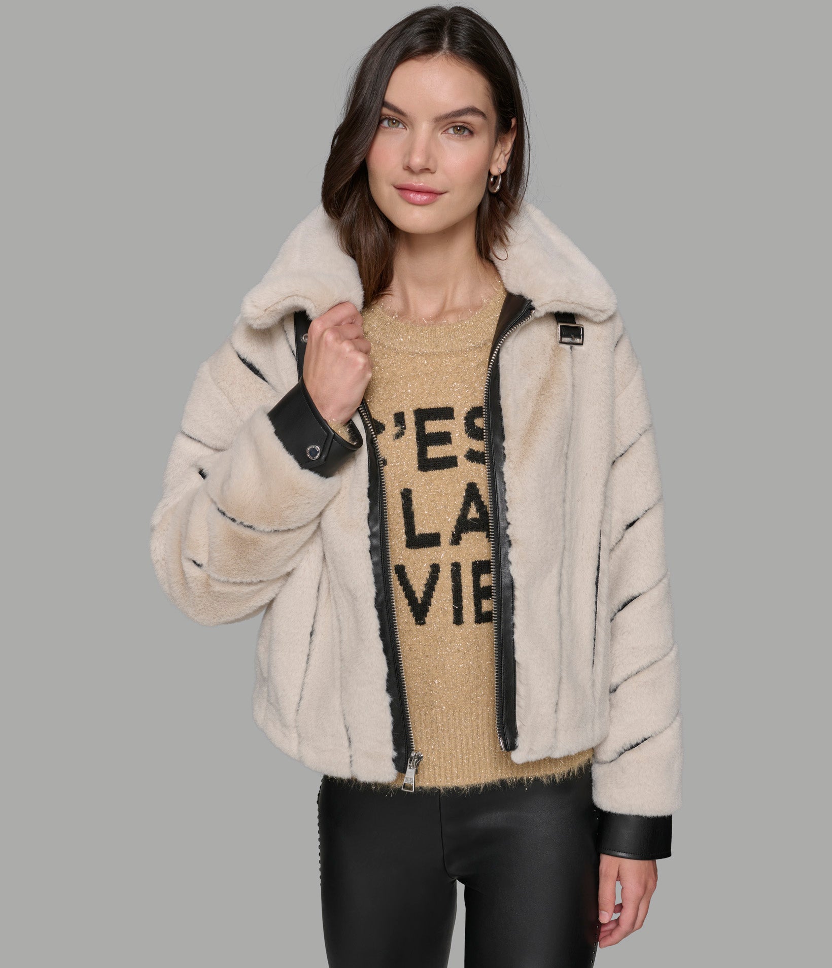 Channel Faux Mink And Pu Bomber | Outerwear | Karl Lagerfeld Paris