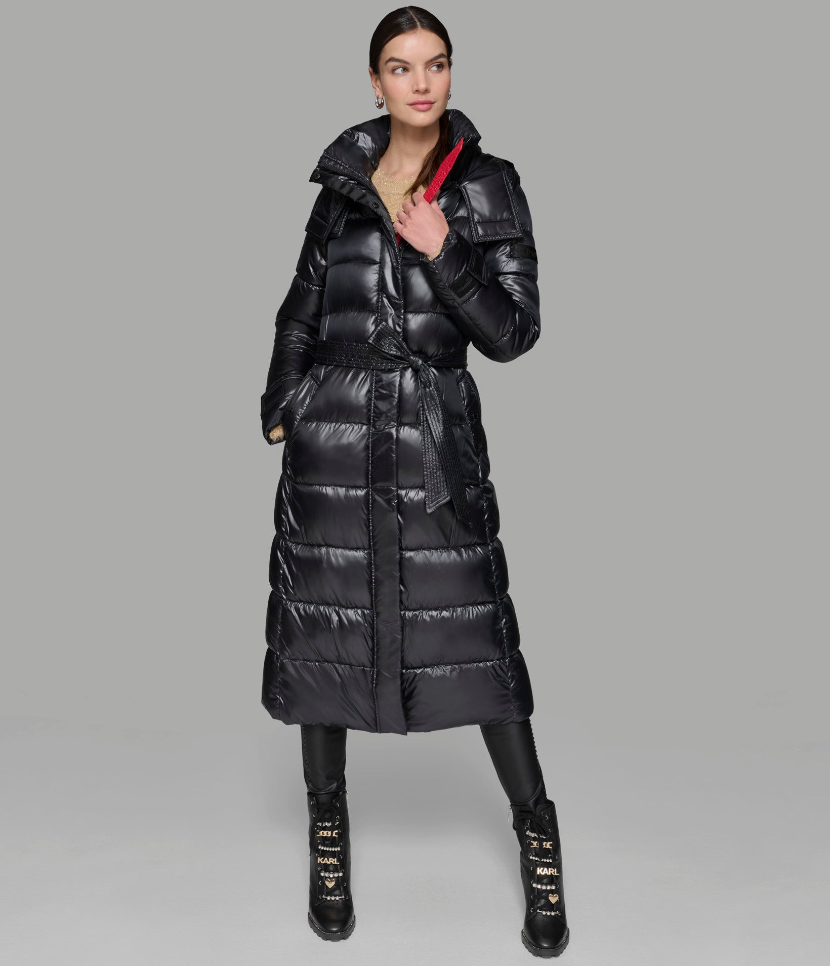 Contrast Maxi Belted Long Puffer Outerwear Karl Lagerfeld Paris