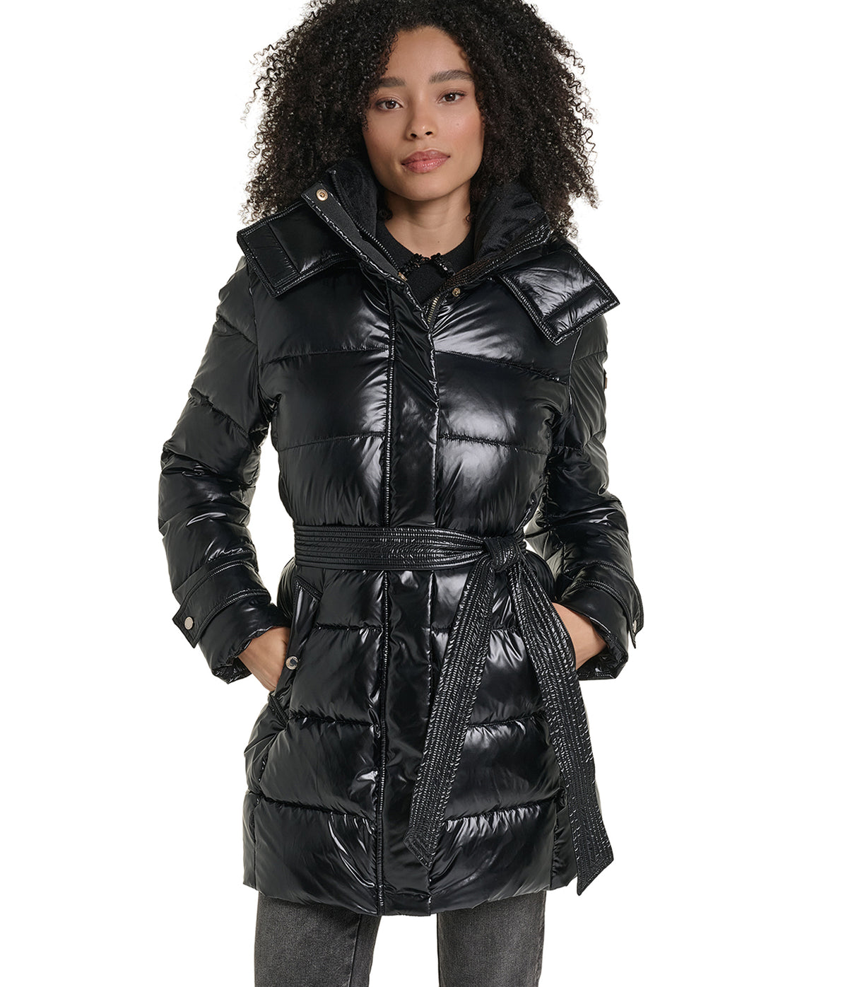 HOODED BELTED HYBRID DOWN PUFFER View 1 | Extra 30% Off