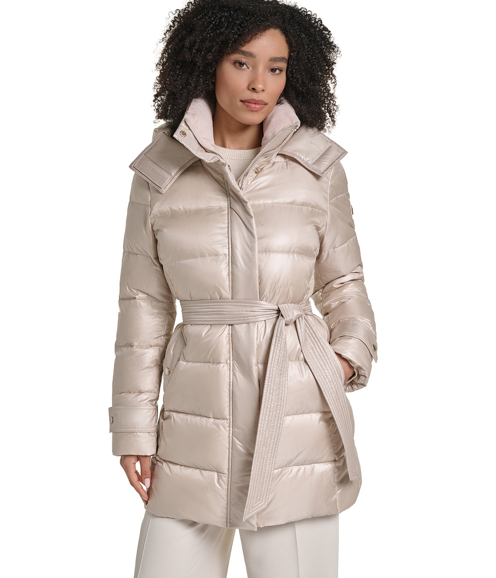 CONTRAST BELTED SHORT PUFFER VIEW 1