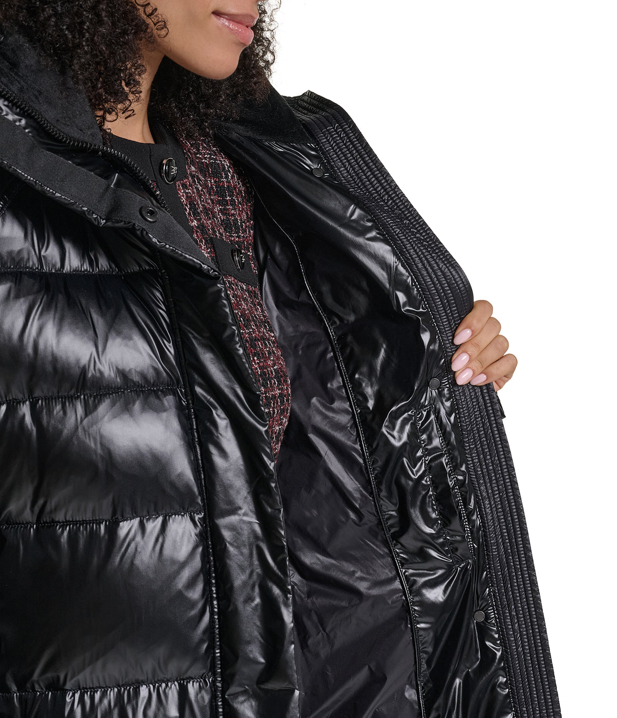 HOODED BELTED HYBRID DOWN PUFFER VIEW 12