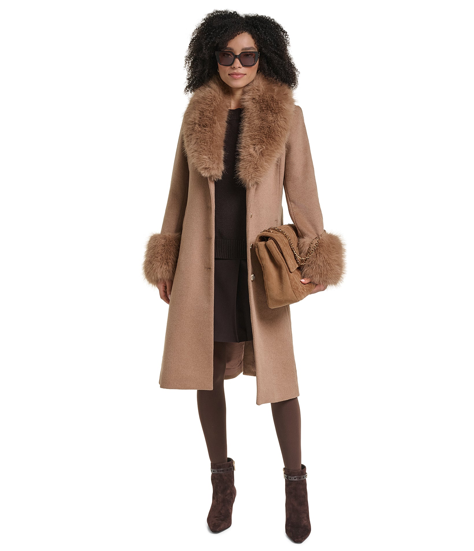 WOOL COAT WITH FAUX FUR COLLAR CUFFS VIEW 1