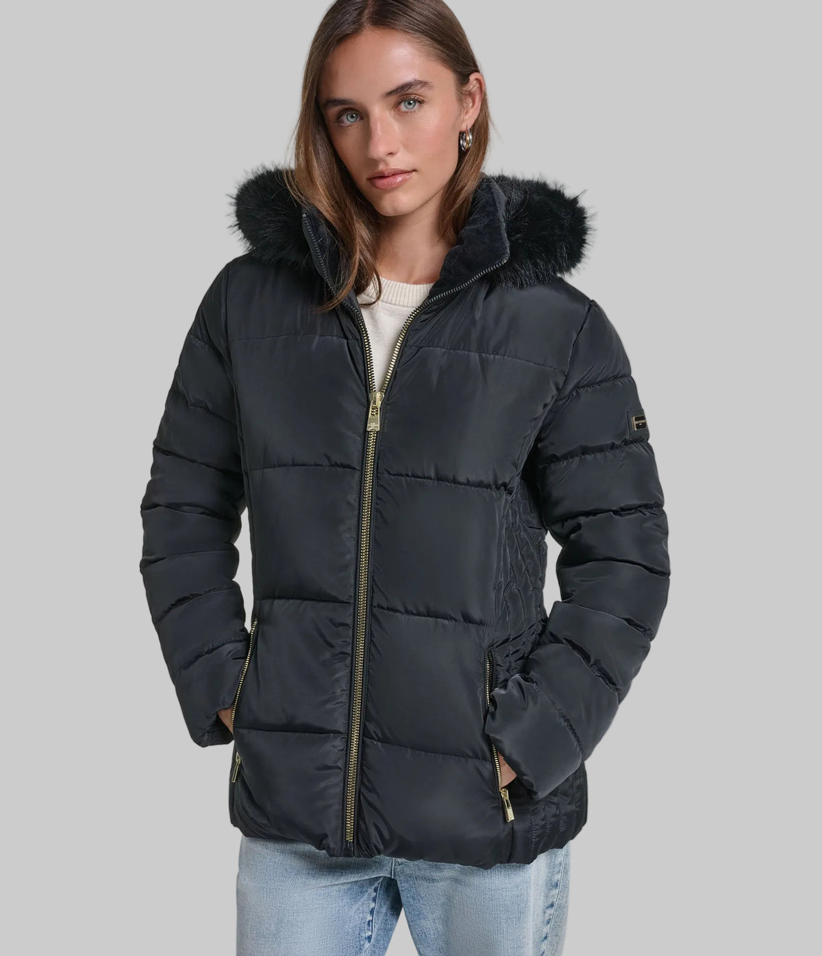FAUX FUR TRIM HOODED SHORT PUFFER VIEW 1