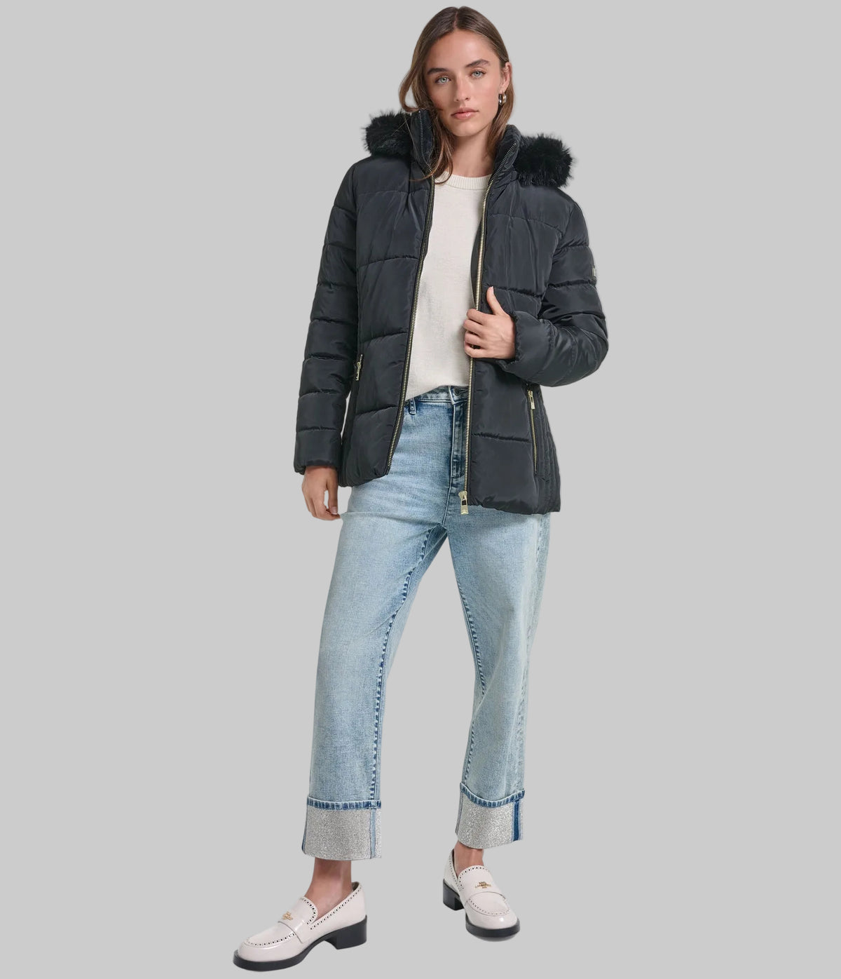 FAUX FUR TRIM HOODED SHORT PUFFER VIEW 4