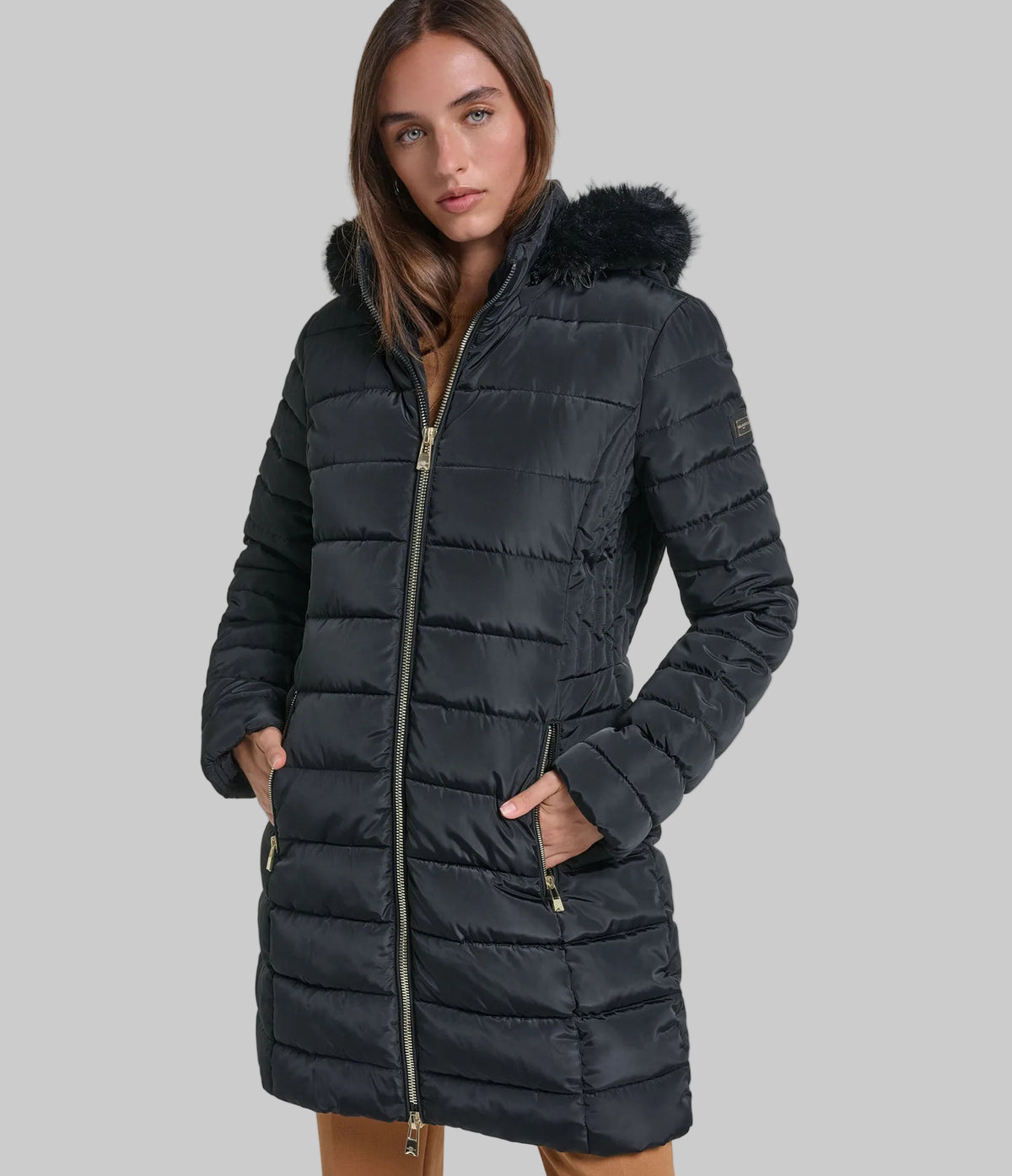FAUX FUR HOODED MIDI PUFFER VIEW 1