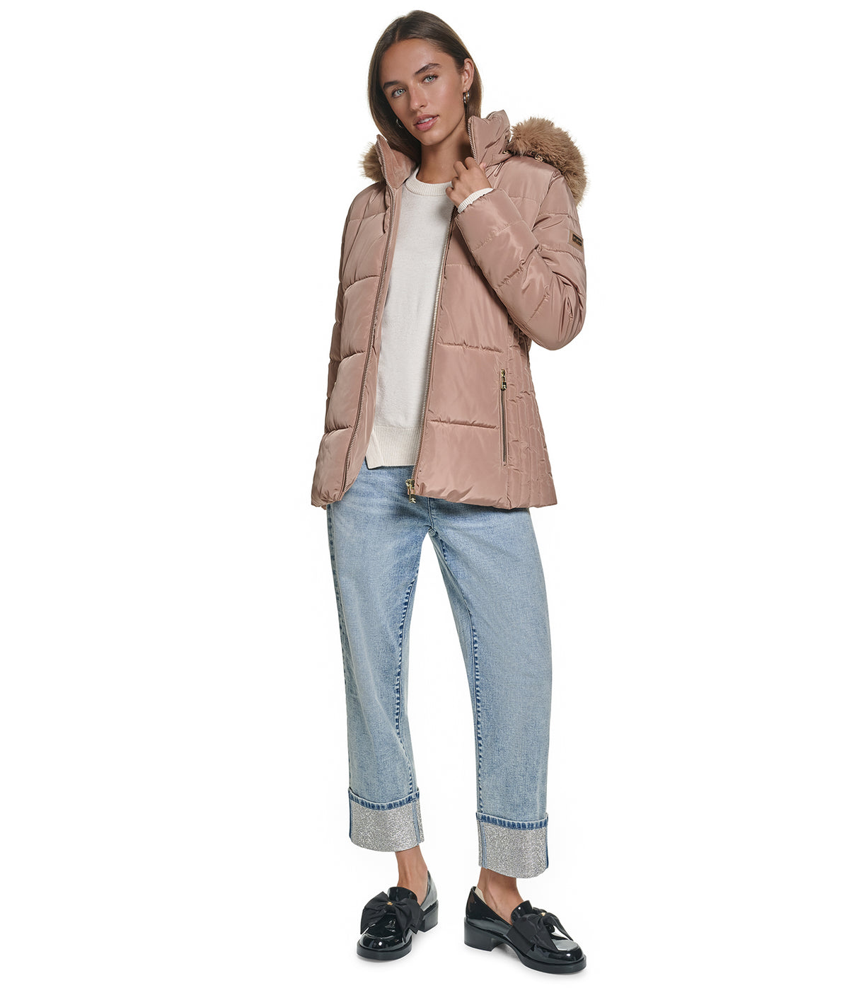 FAUX FUR TRIM HOODED SHORT PUFFER VIEW 4