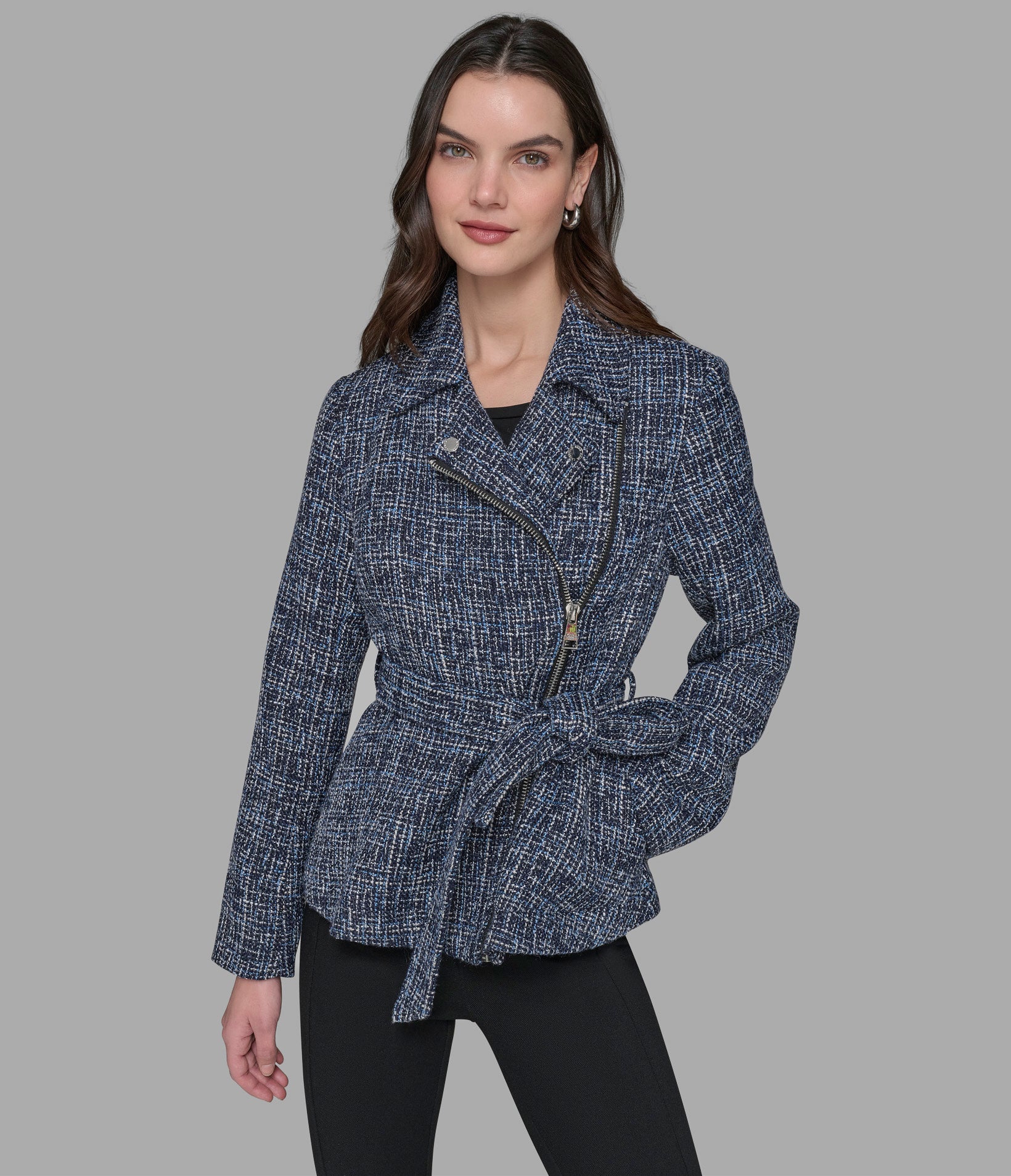 BELTED TWEED MOTO JACKET View 1 | Women's Clothing Sale