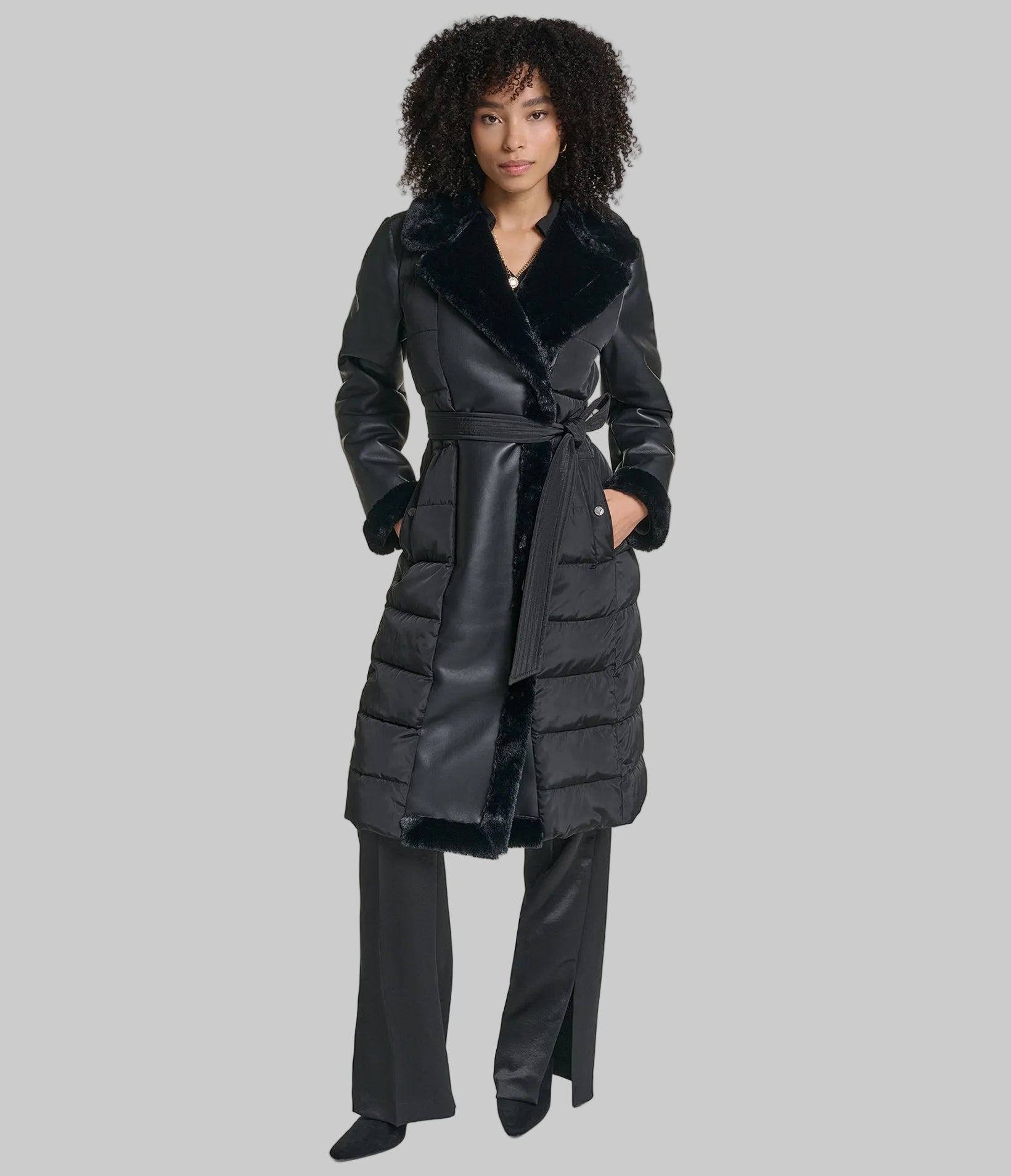 MIXED MEDIA MAXI BELTED PUFFER WITH FAUX FUR VIEW 6